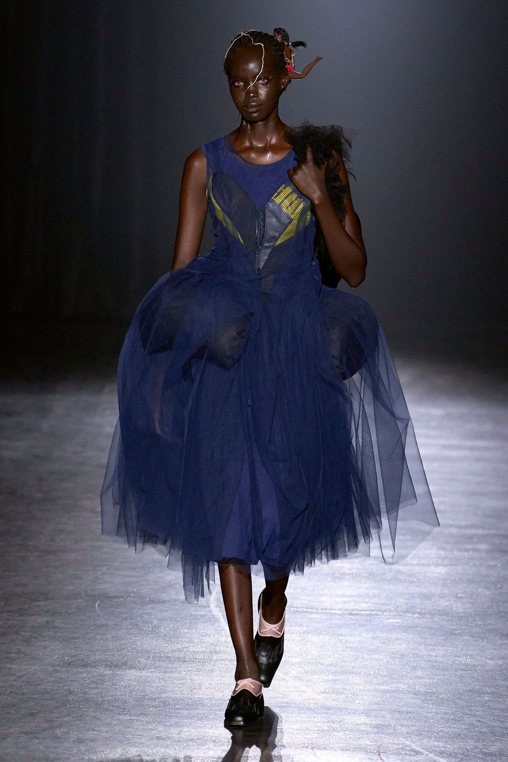 blue tulle sleeveless v-neck fitted layered pleated dress