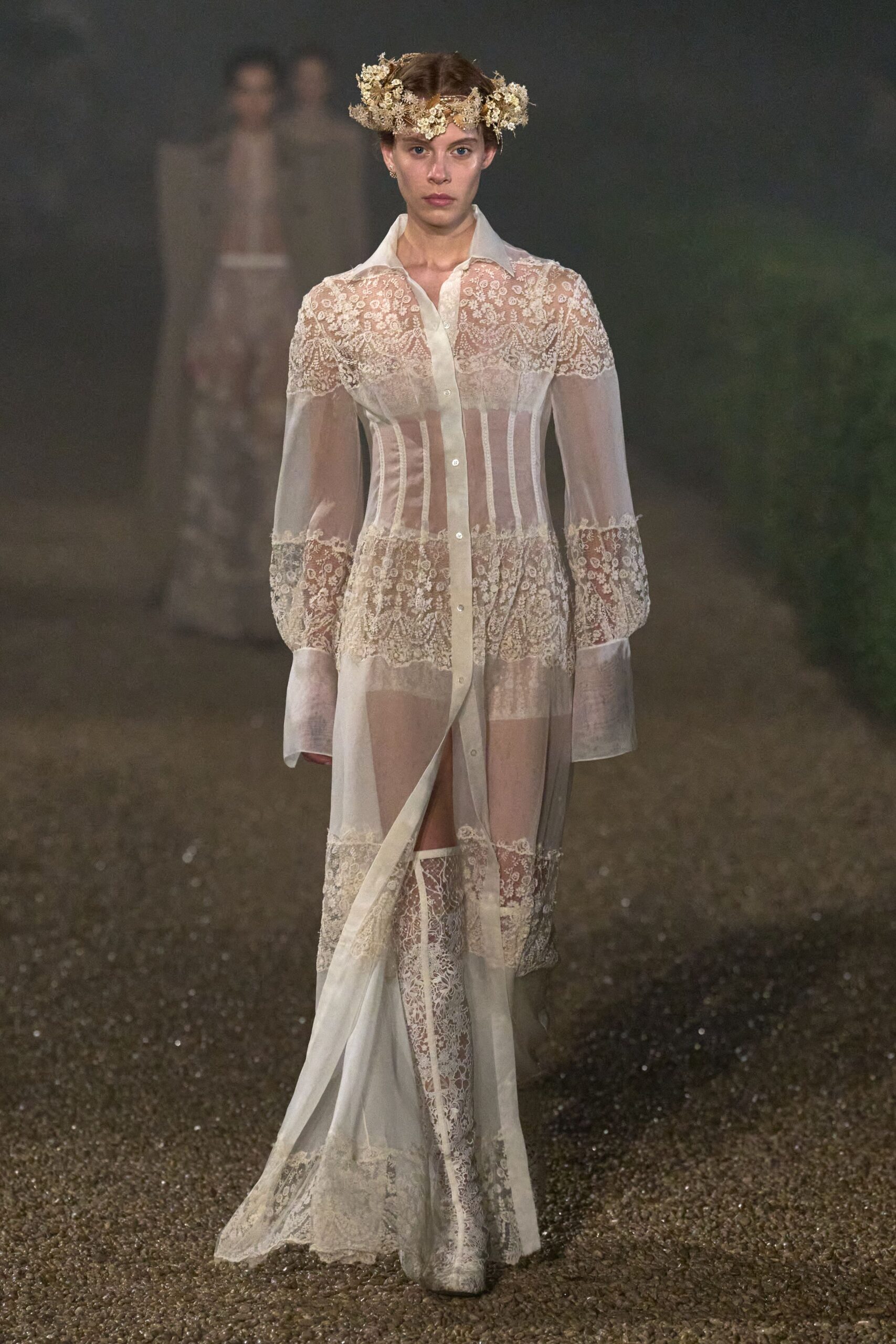 white lace long-sleeve collared fitted buttoned layered dress
