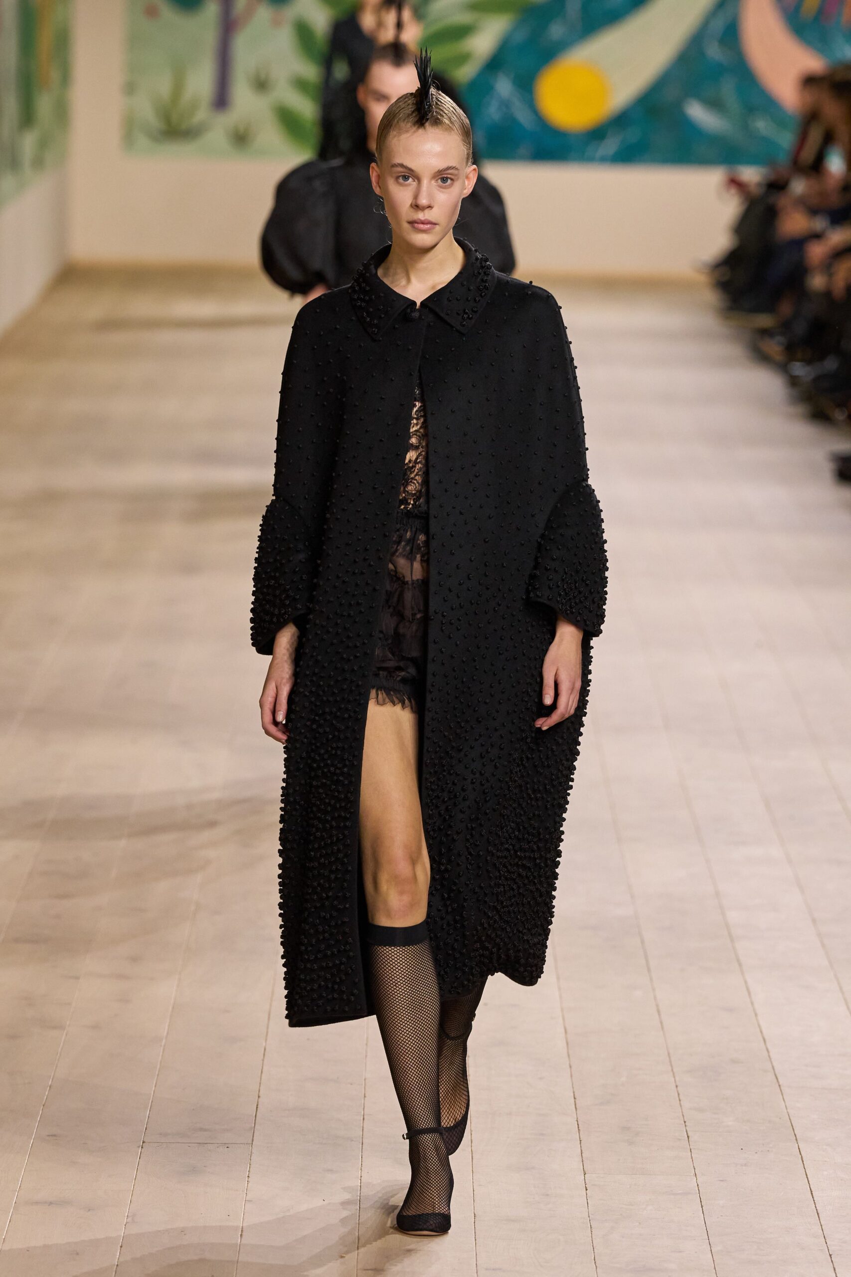 black wool long-sleeve collared relaxed textured midi coat