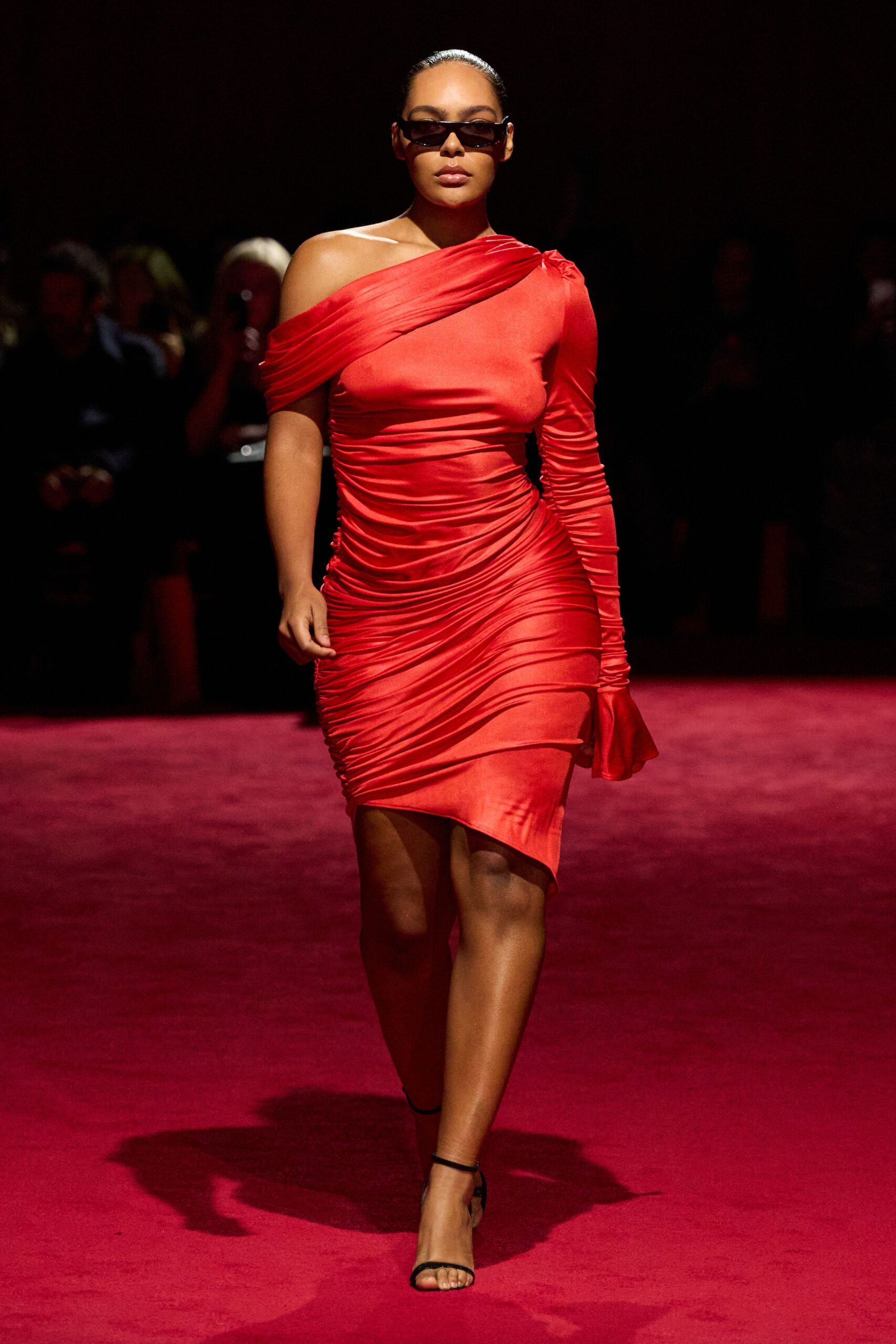 red off-shoulder ruched dress