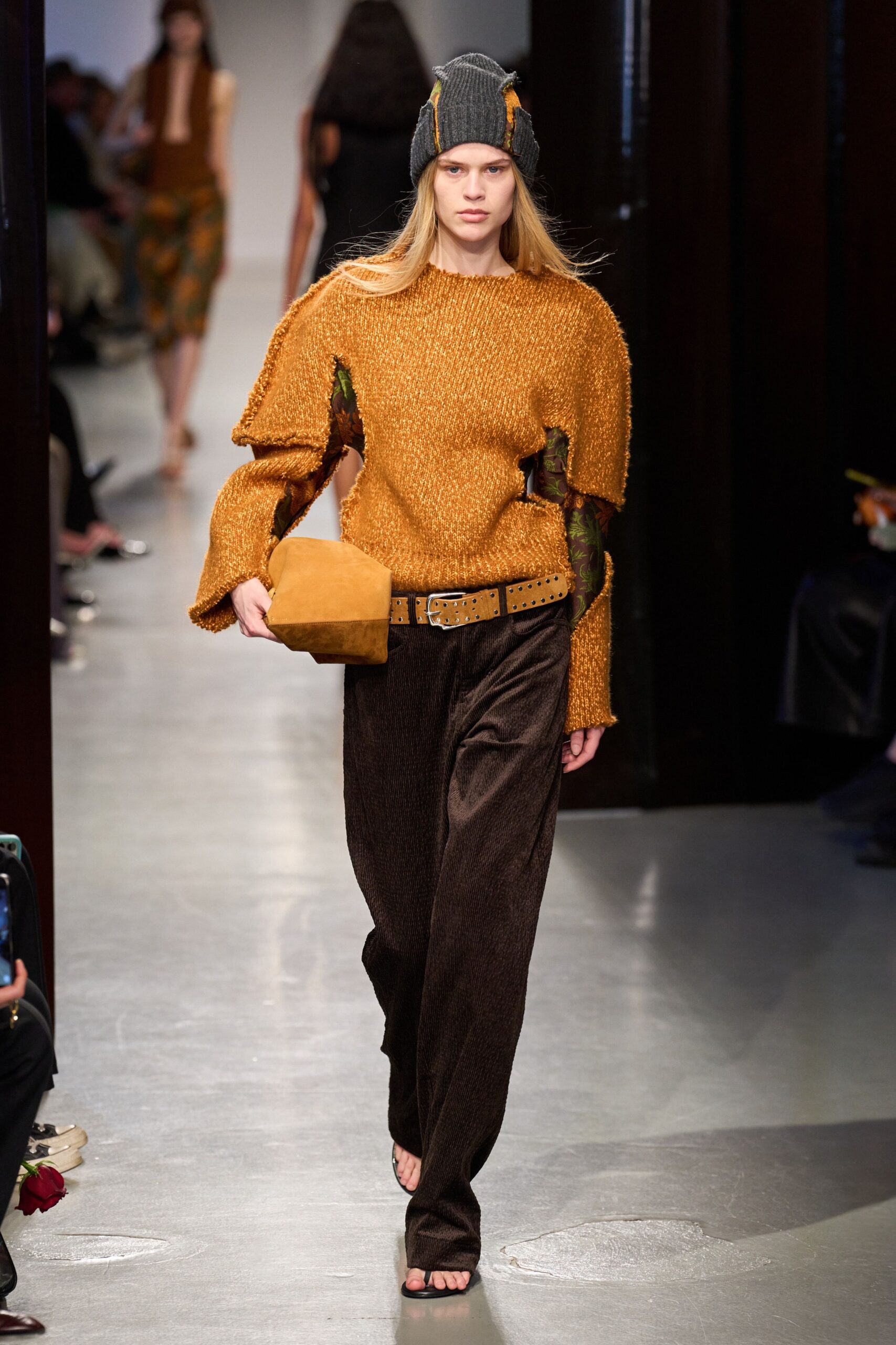 orange wool long-sleeve high-neck relaxed fringed sweater