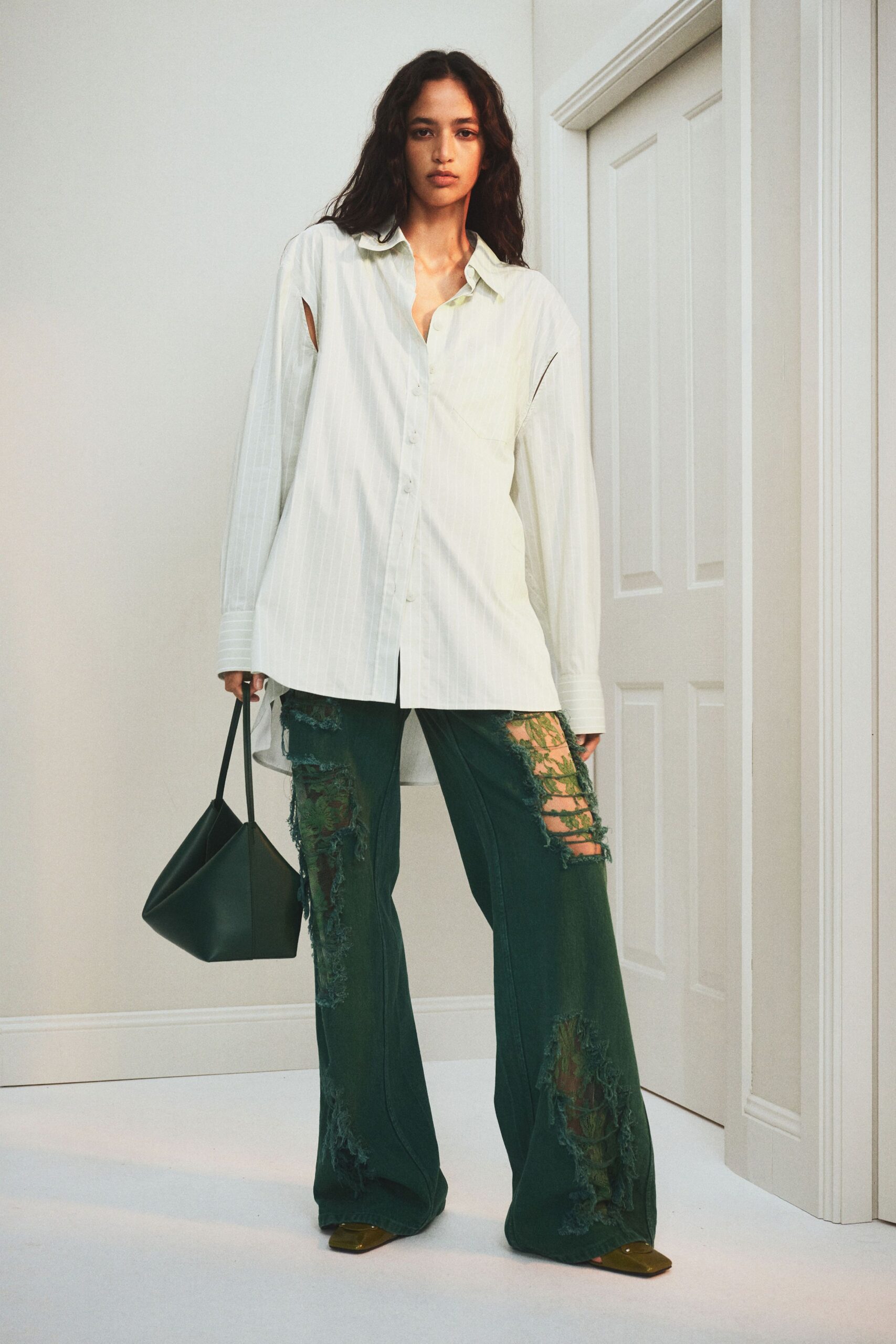 green denim relaxed distressed pants