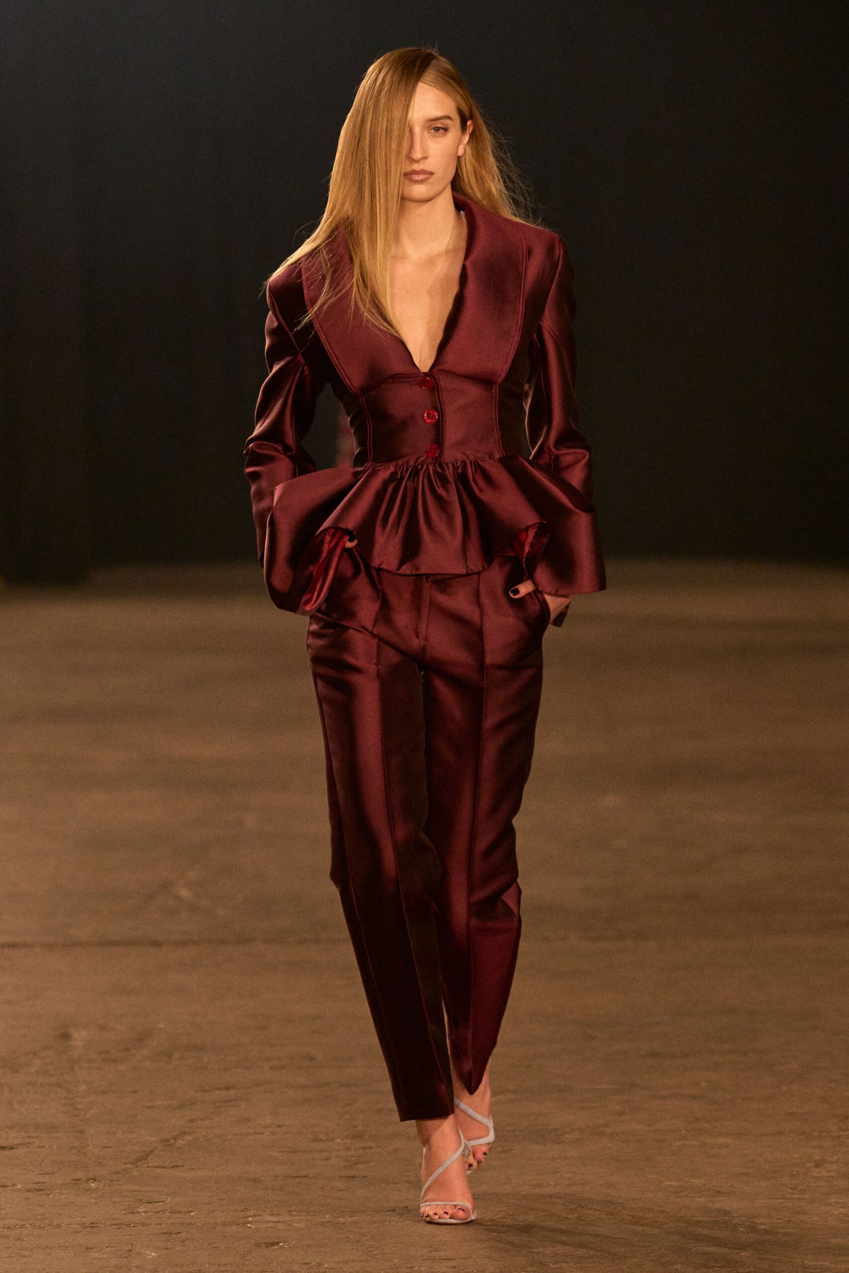 red satin long-sleeve v-neck fitted flared blazer
