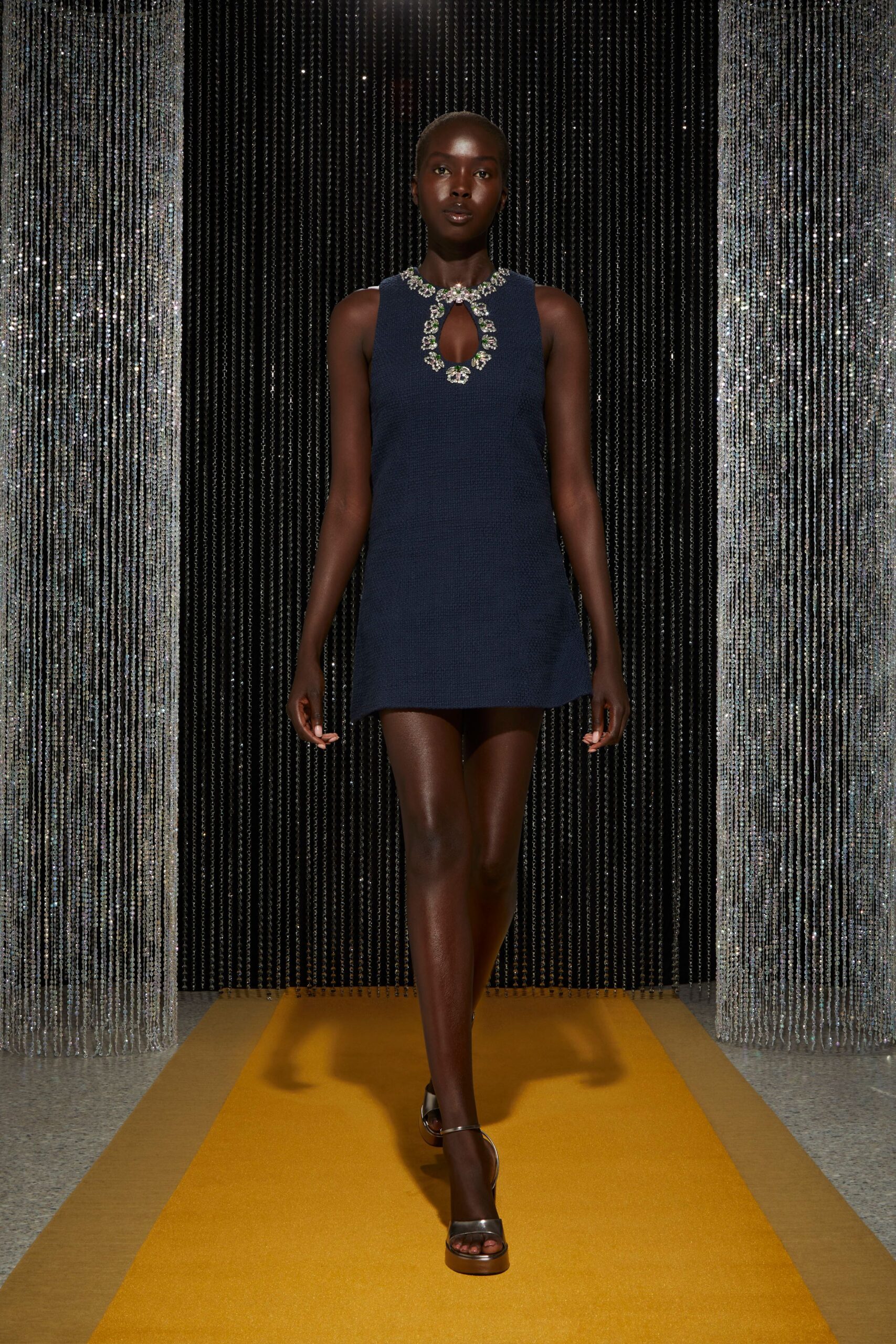 navy fitted mini-dress with embroidery