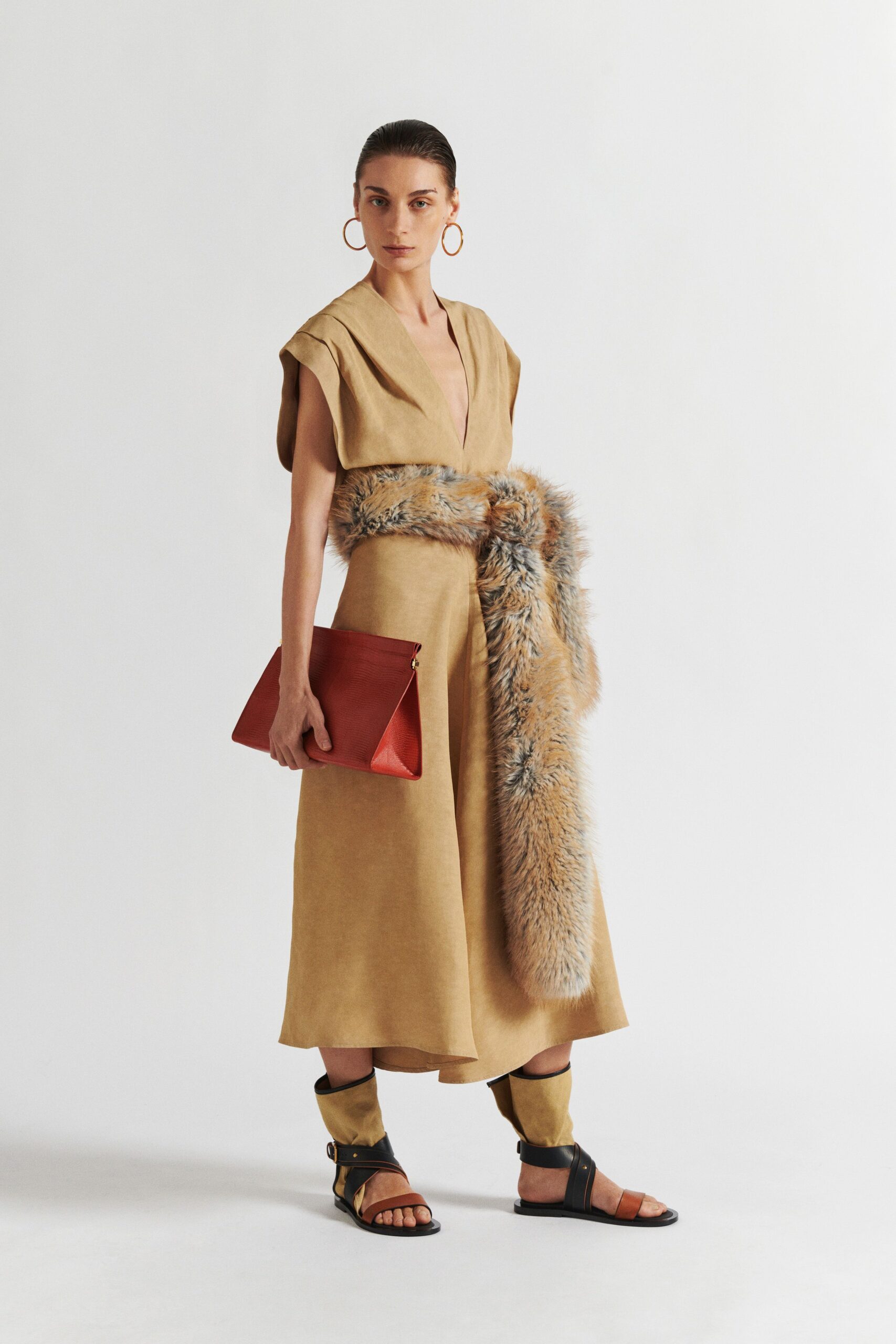 beige suede sleeveless v-neck fitted belted midi dress