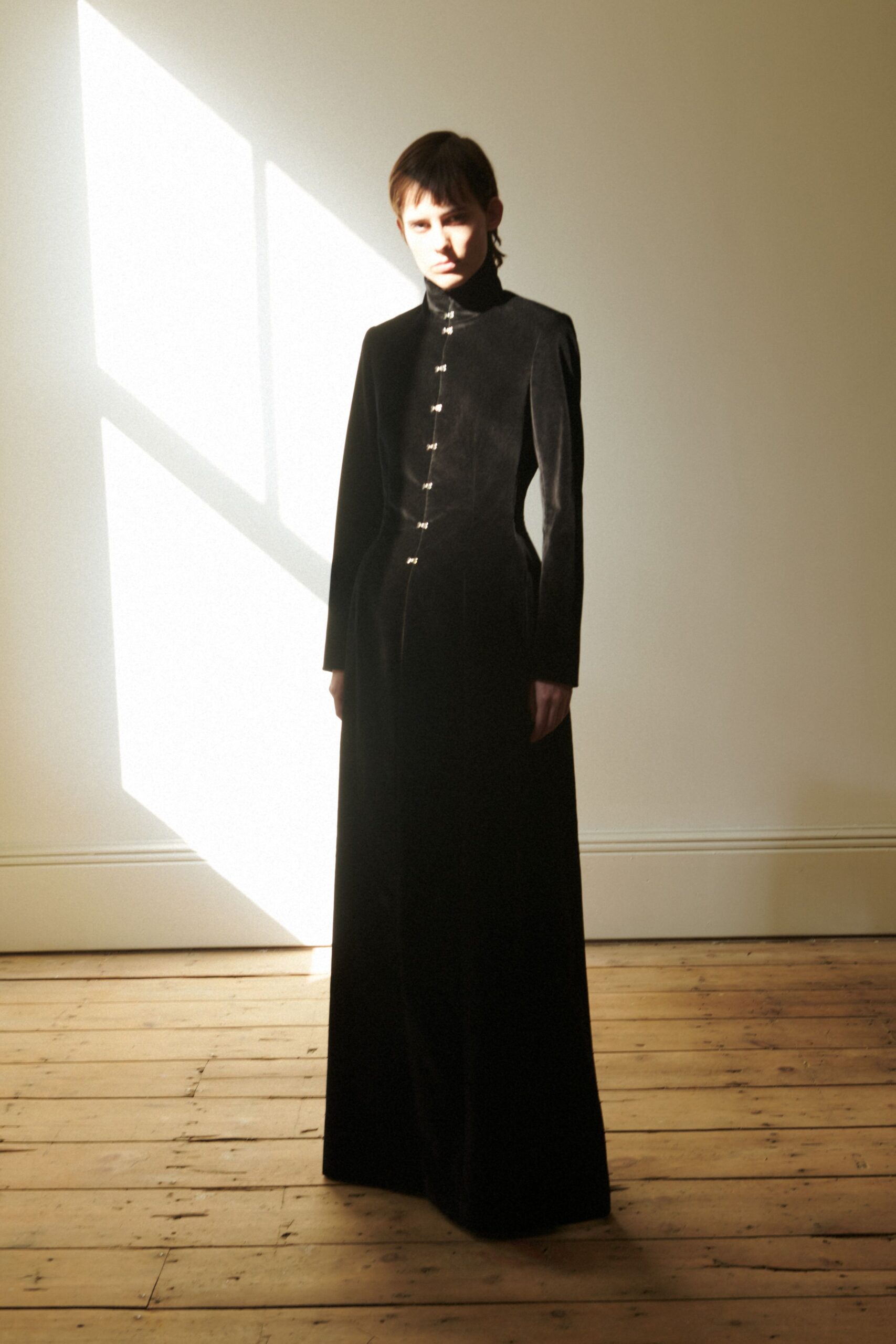 black velvet long-sleeve gown