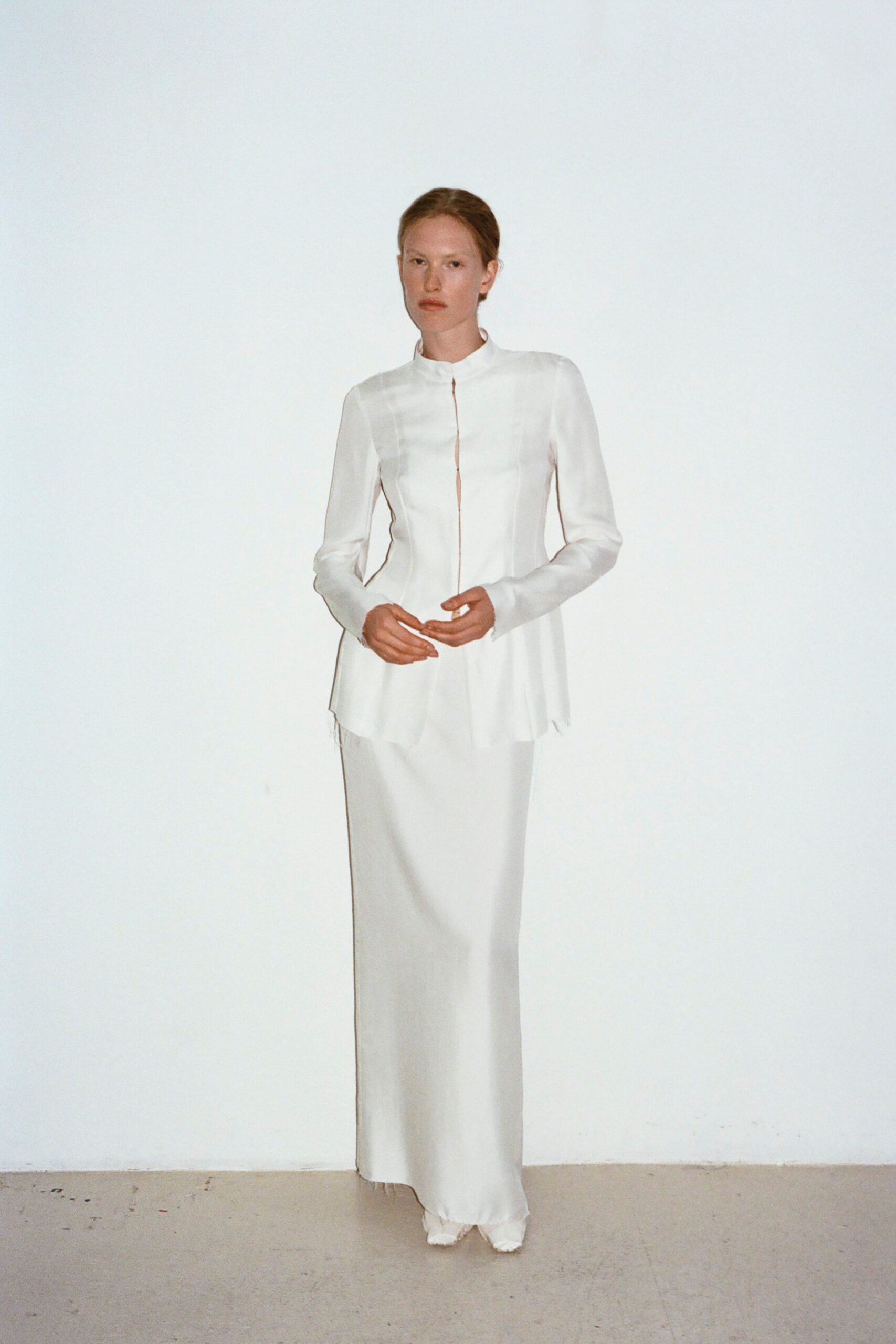 white silk fitted gown