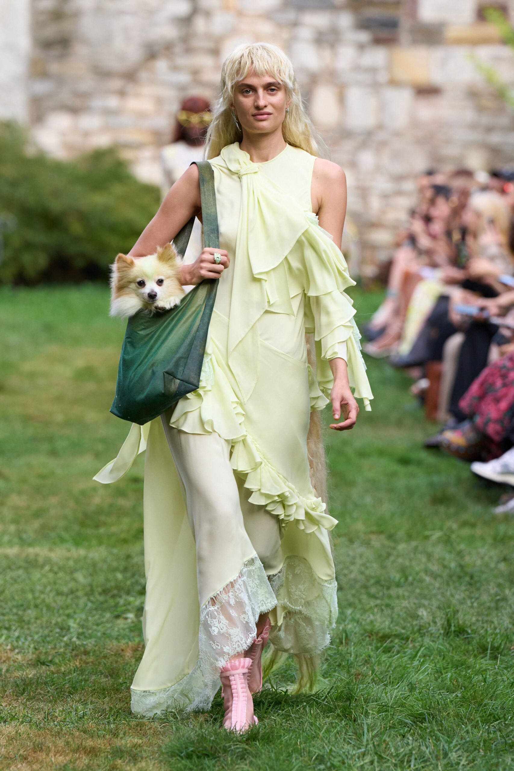 yellow silk sleeveless high-neck fitted ruffled layered dress