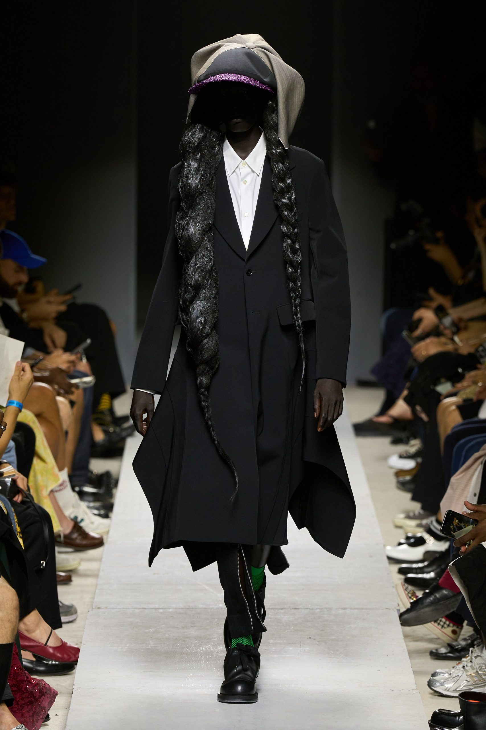 black wool long-sleeve collared structured midi coat