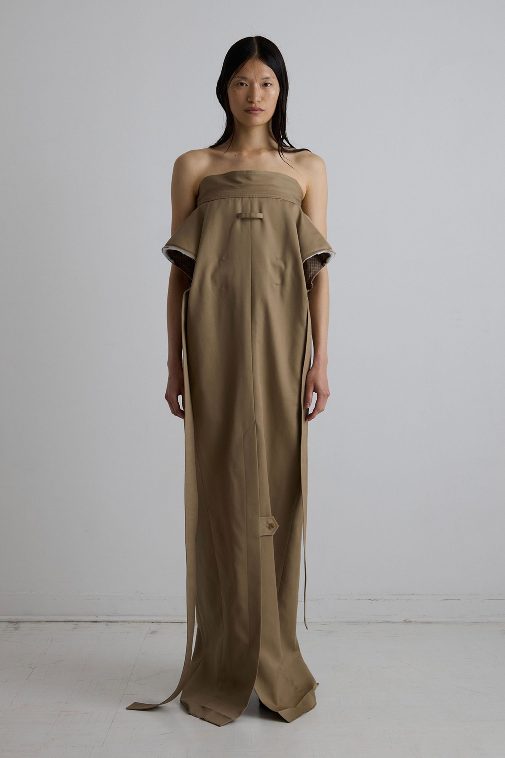 beige silk strapless gown