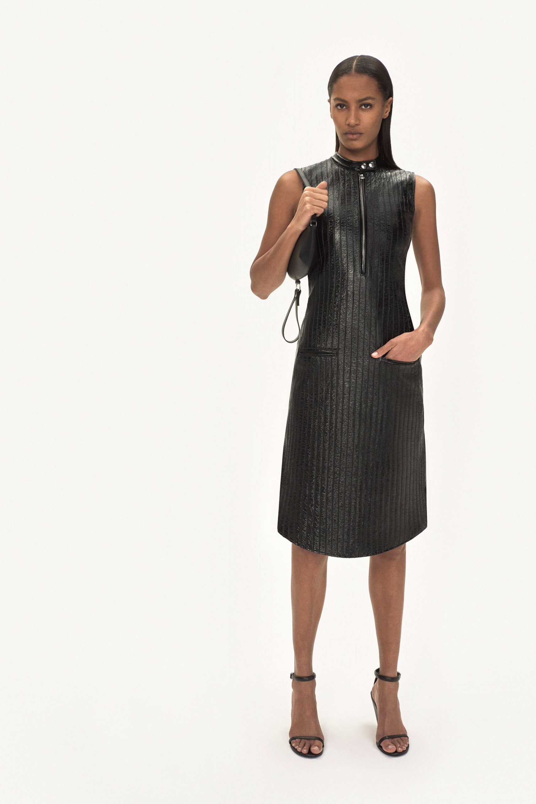 black leather fitted midi dress with heels