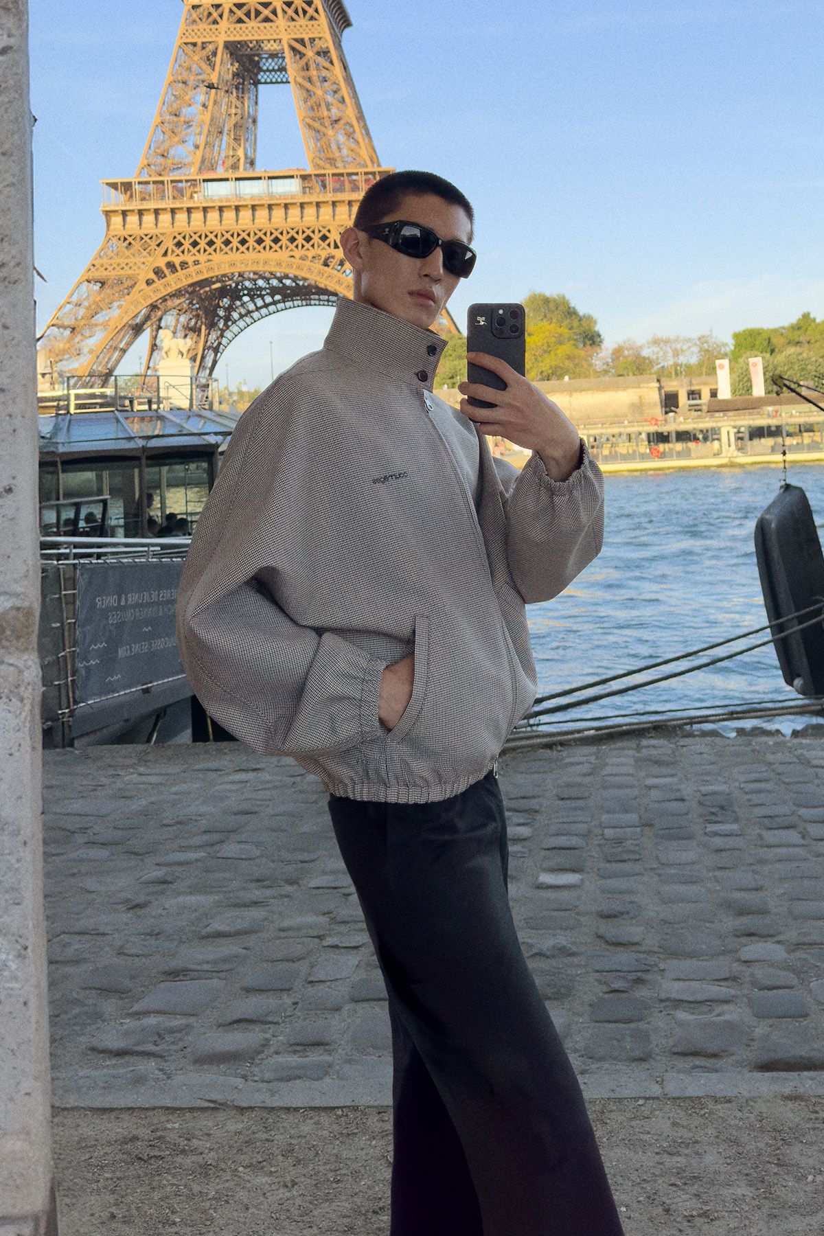 gray oversized jacket with black pants