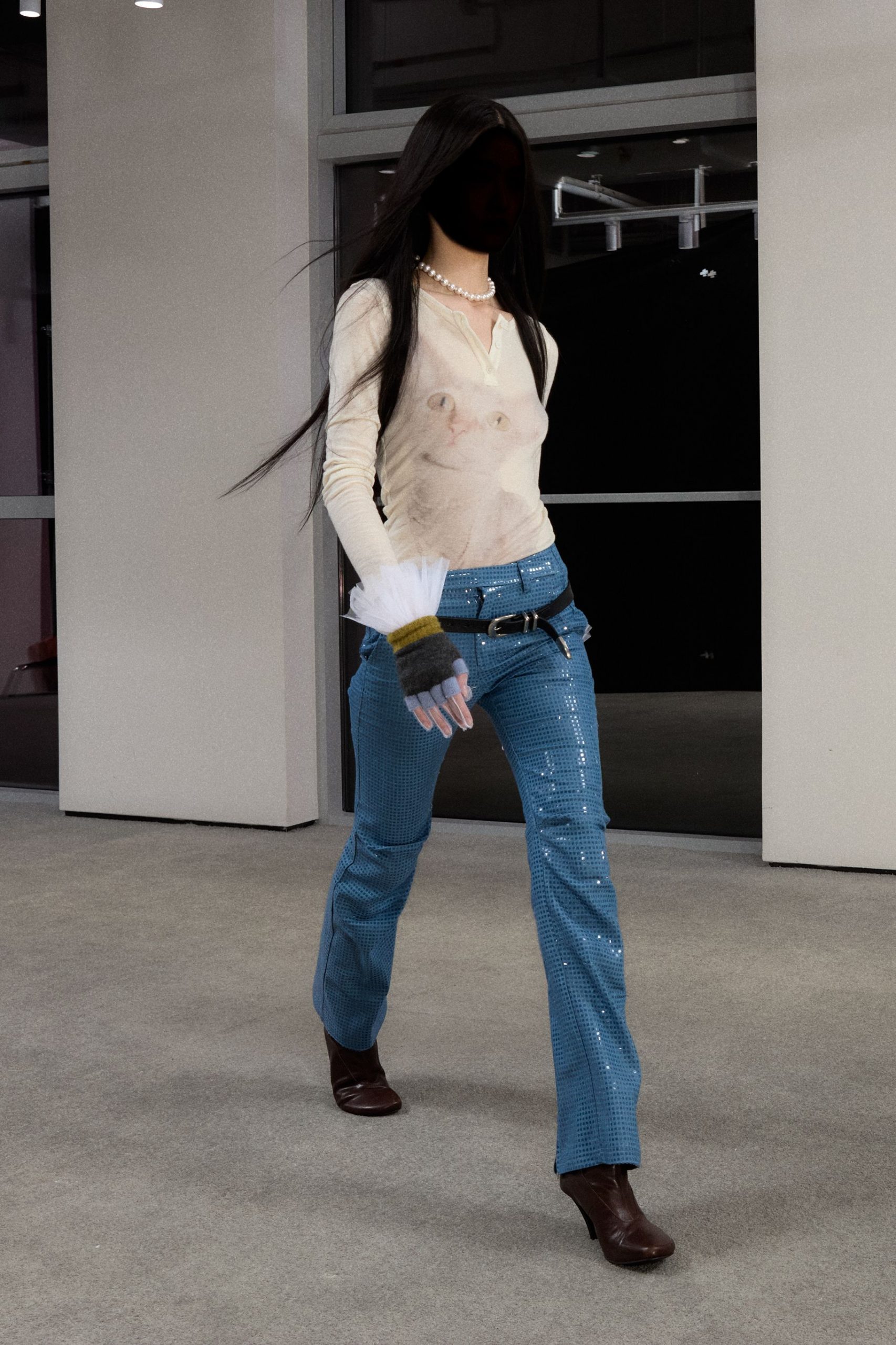 white fitted top blue pants