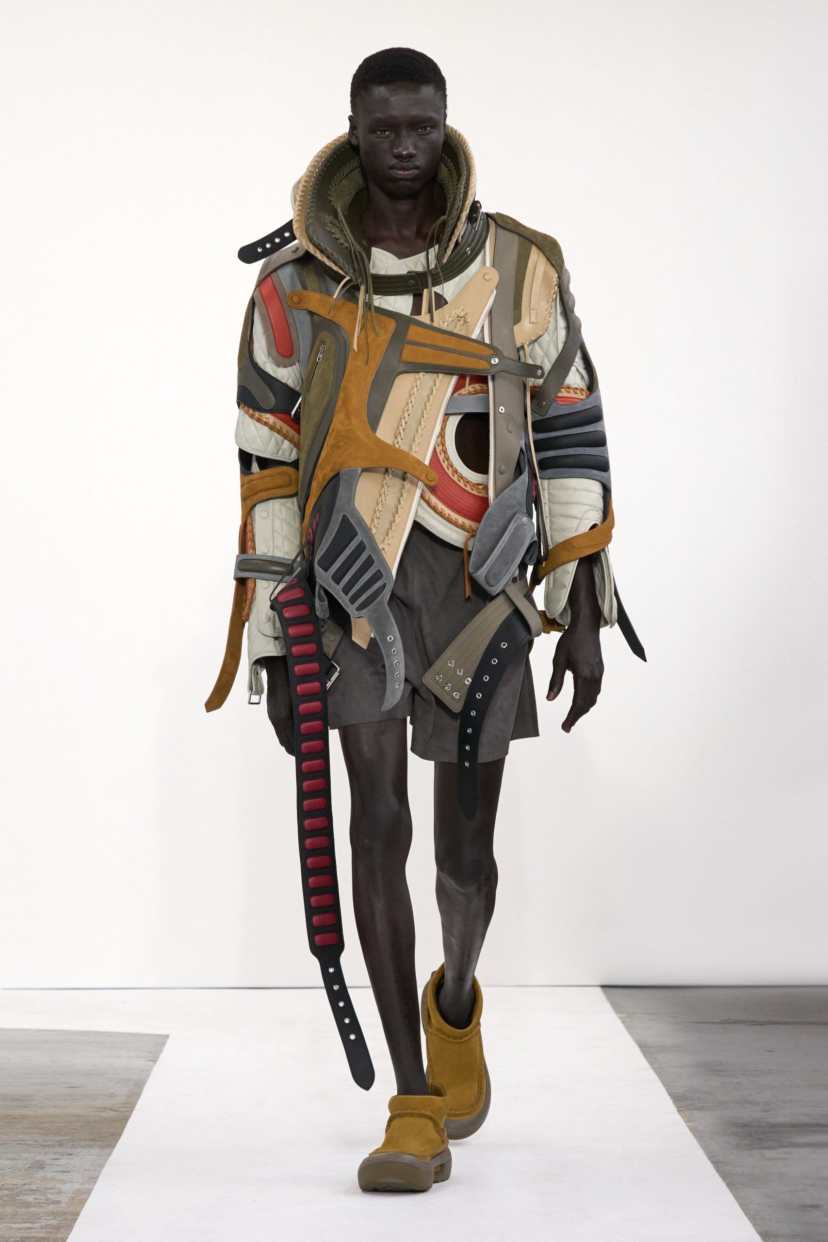 multi leather long-sleeve hooded relaxed layered zippered jacket