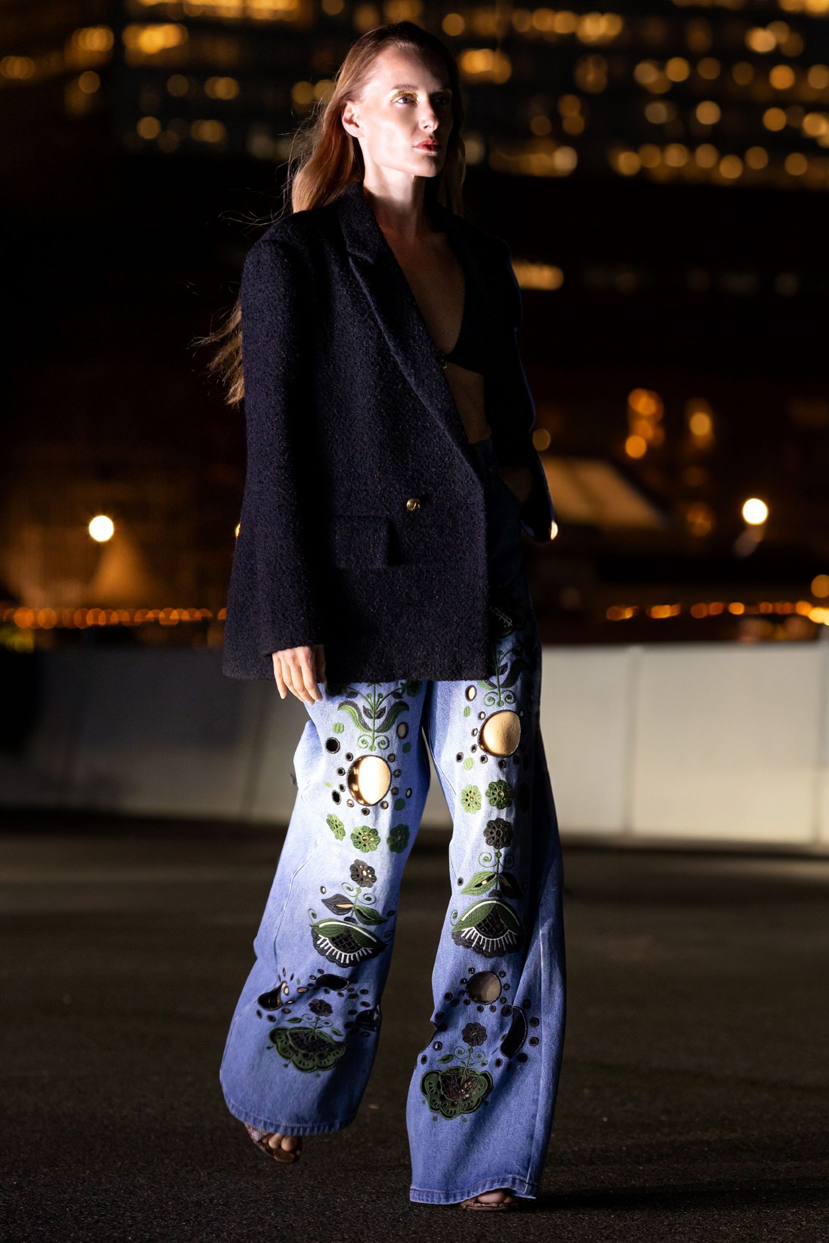 blue denim relaxed embroidered pants