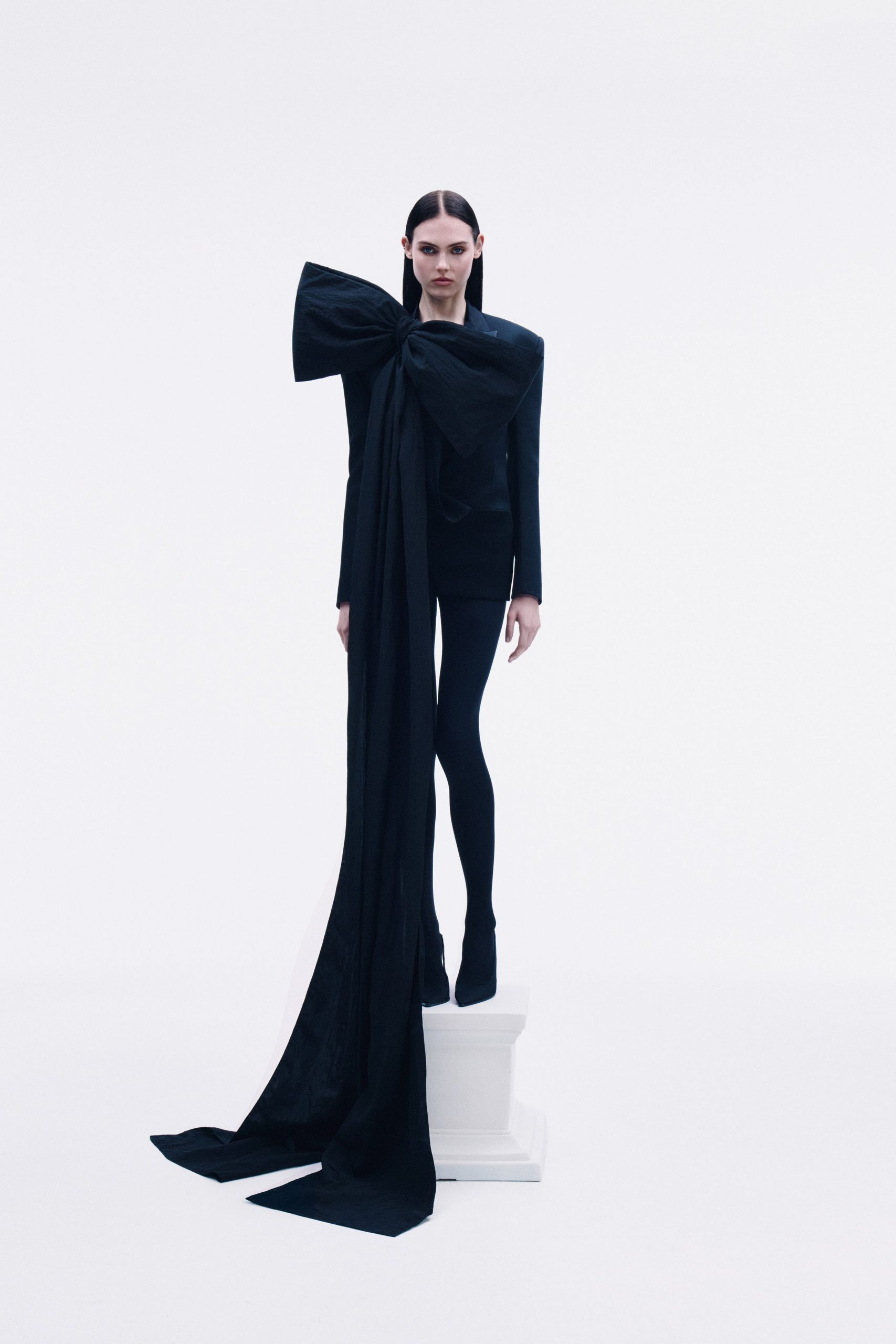 black silk long-sleeve collared fitted draped blazer