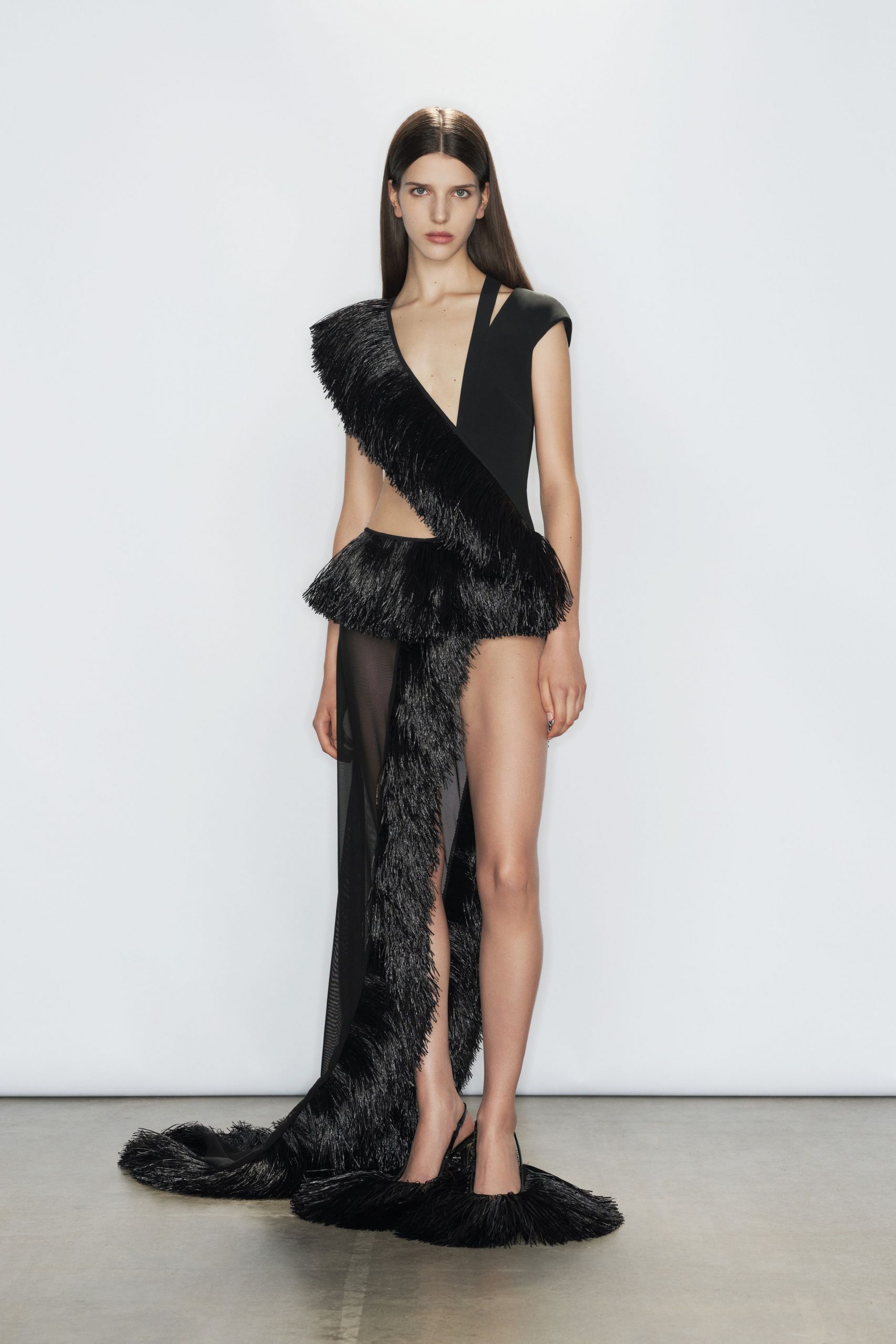 black fringed mini dress with shoes