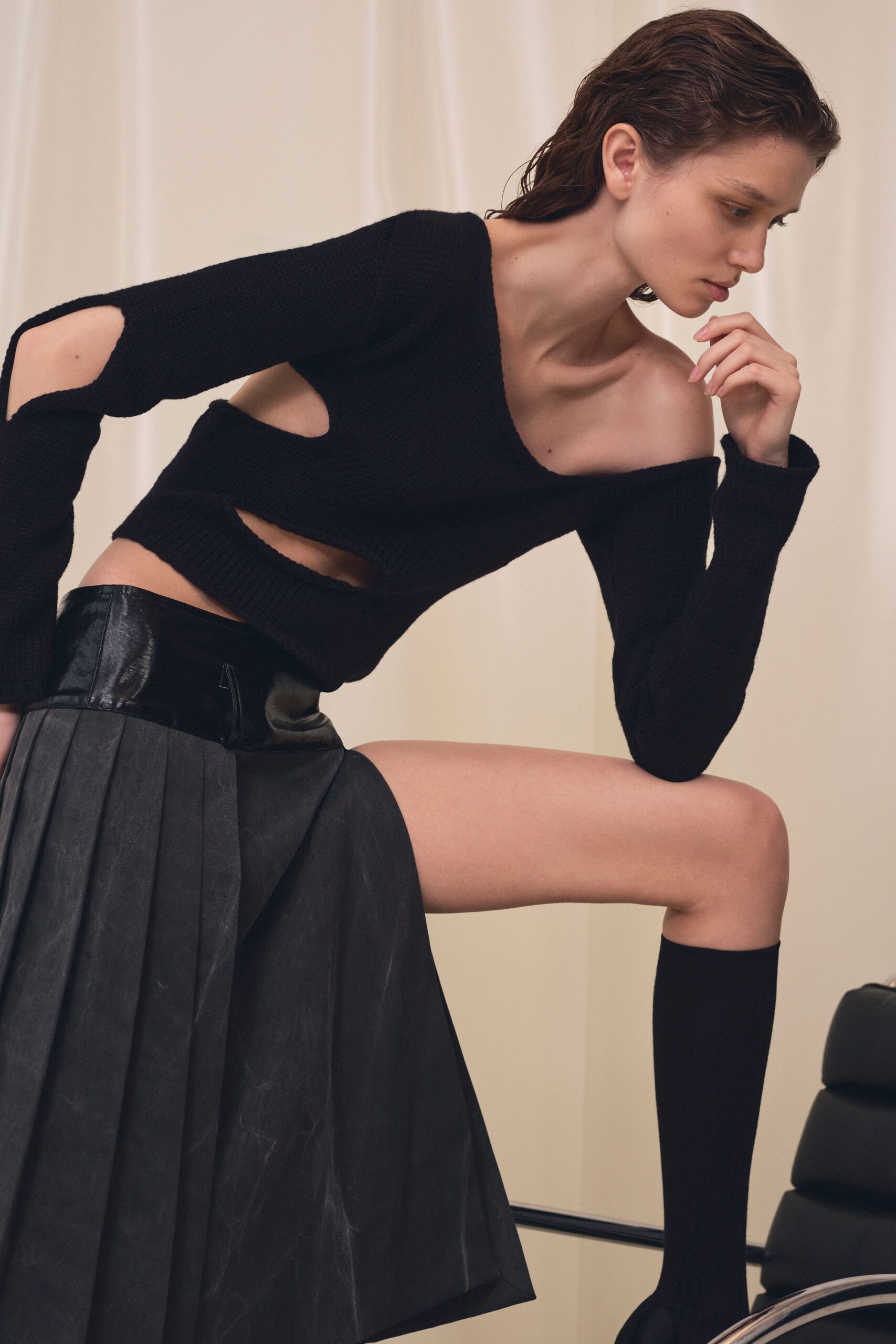 black cotton long-sleeve off-shoulder fitted ribbed top