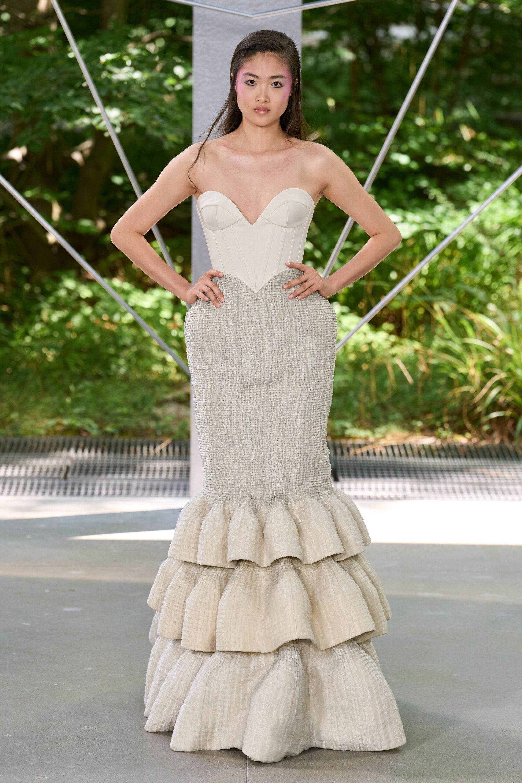 white strapless ruffled gown