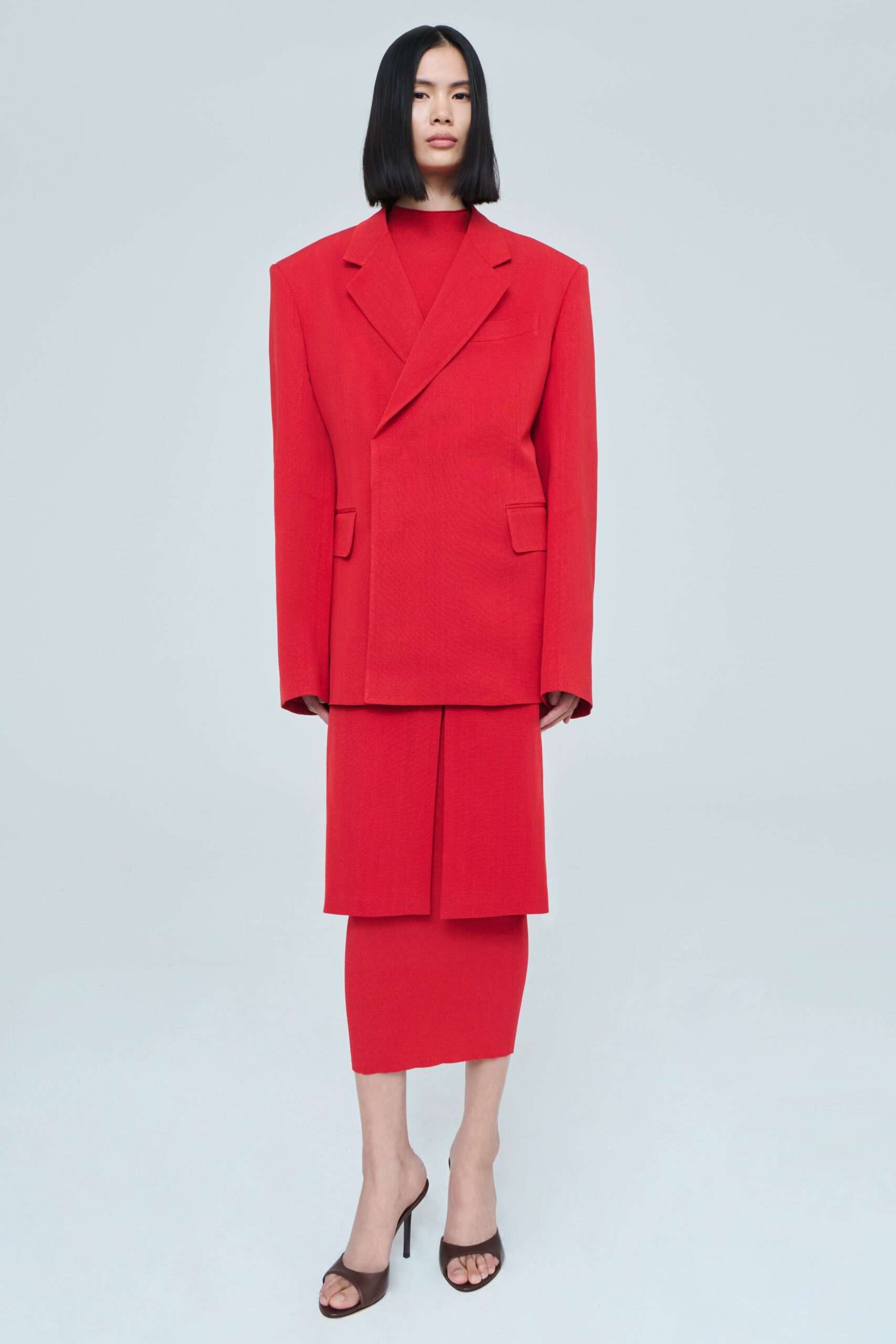 red cotton long-sleeve collared oversized blazer