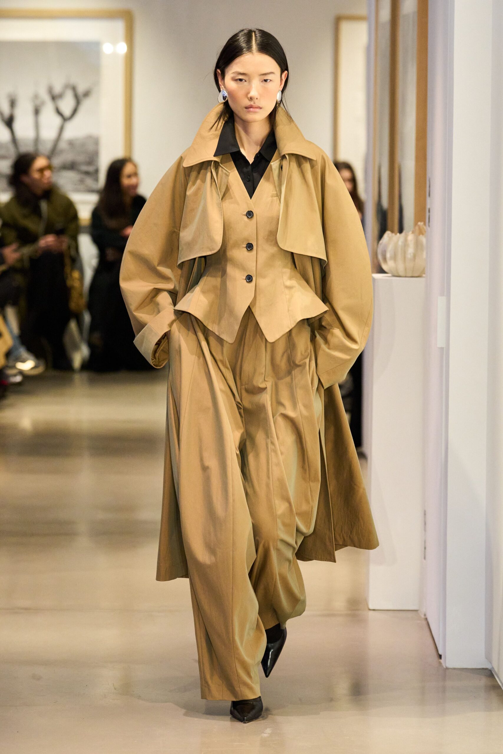 beige trench coat with blazer and pants