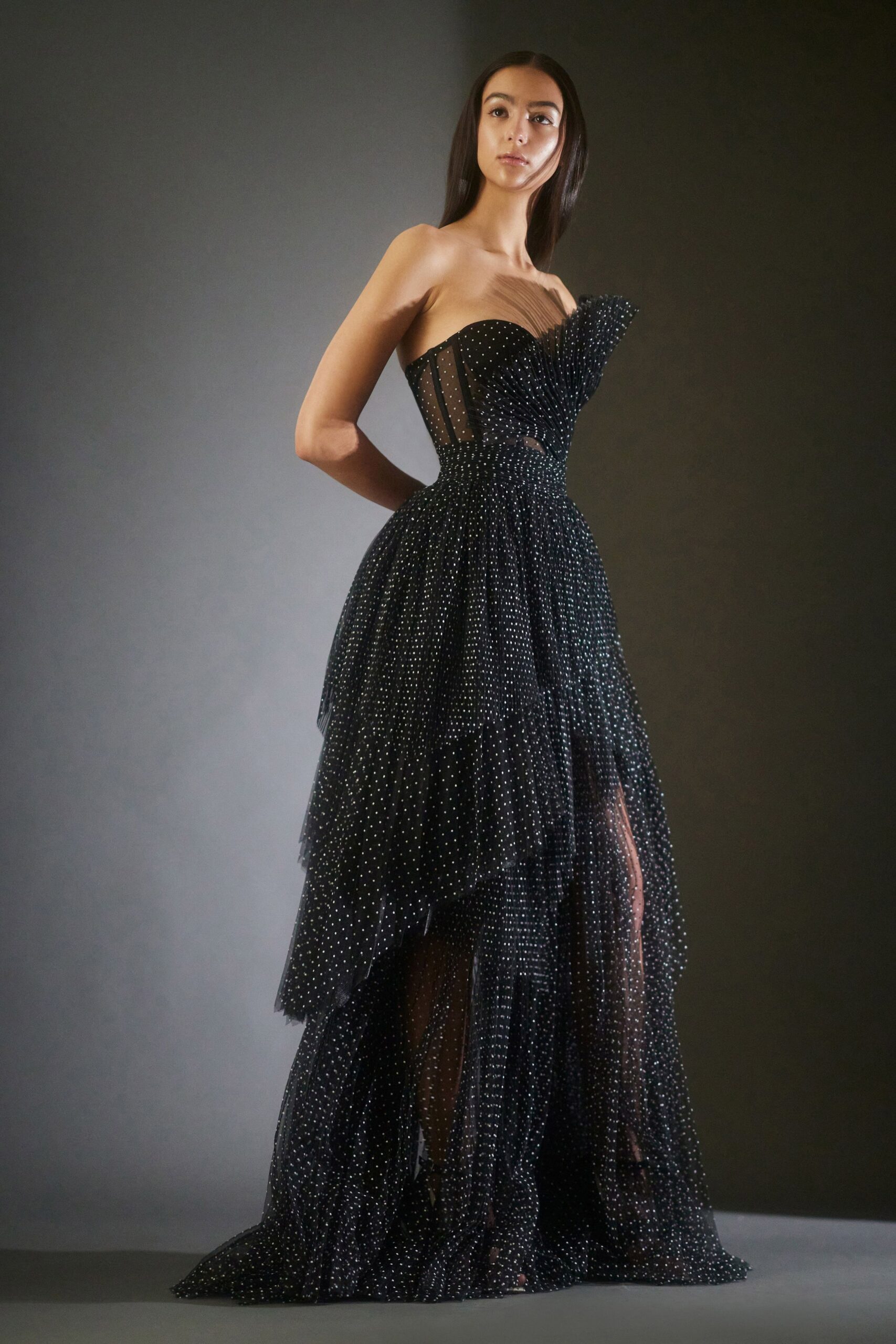black strapless tiered gown