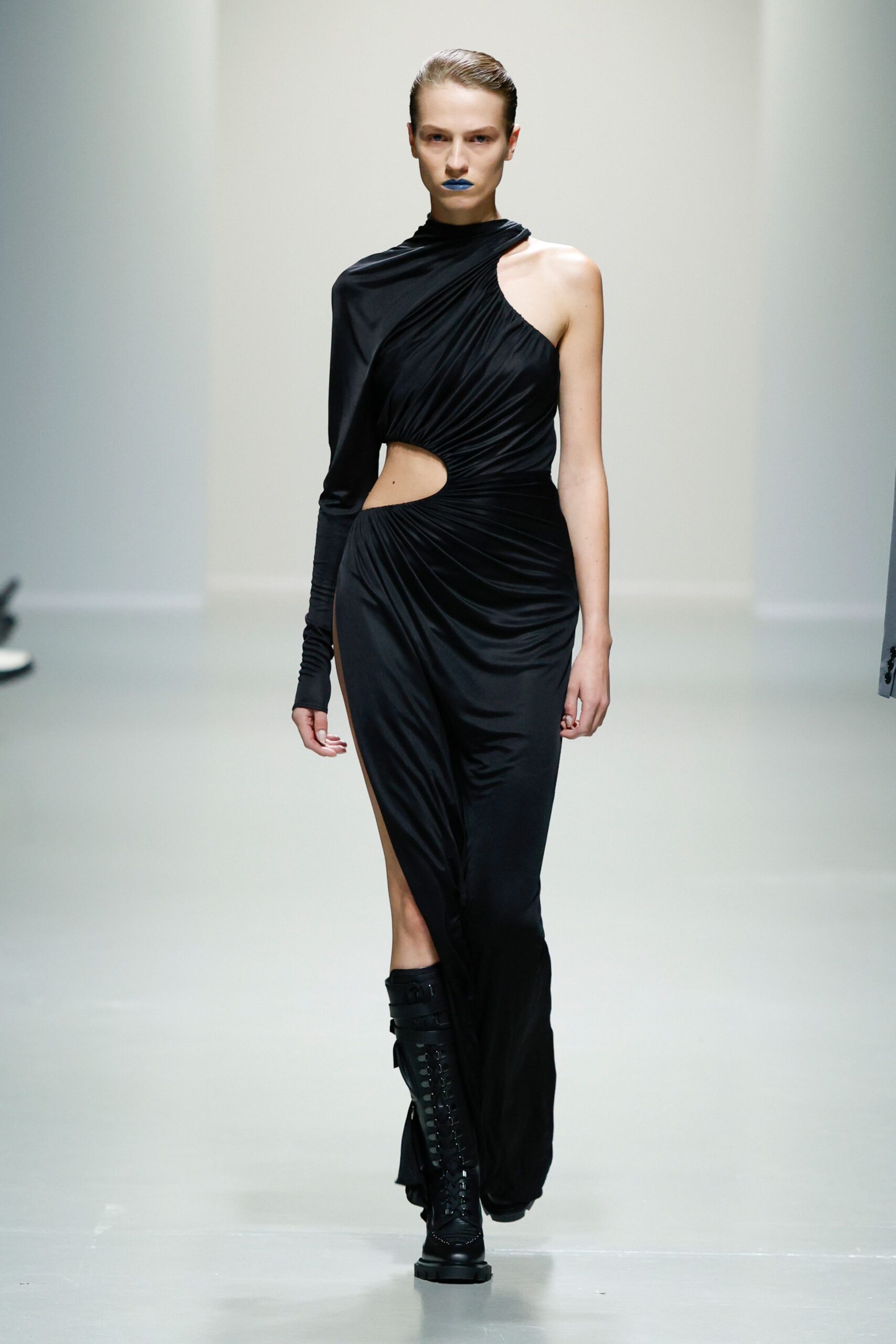 black silk fitted gown with cutout