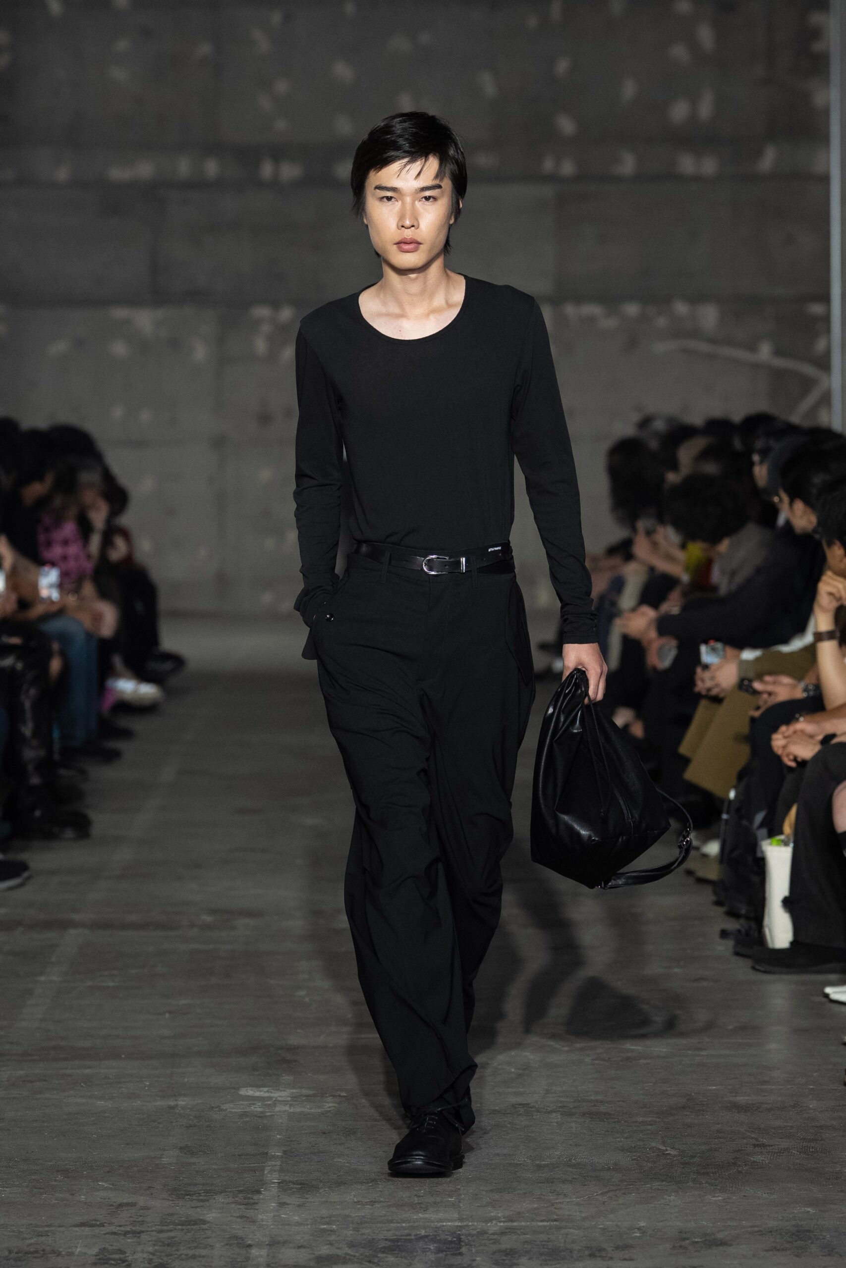 black long-sleeve top with tailored pants