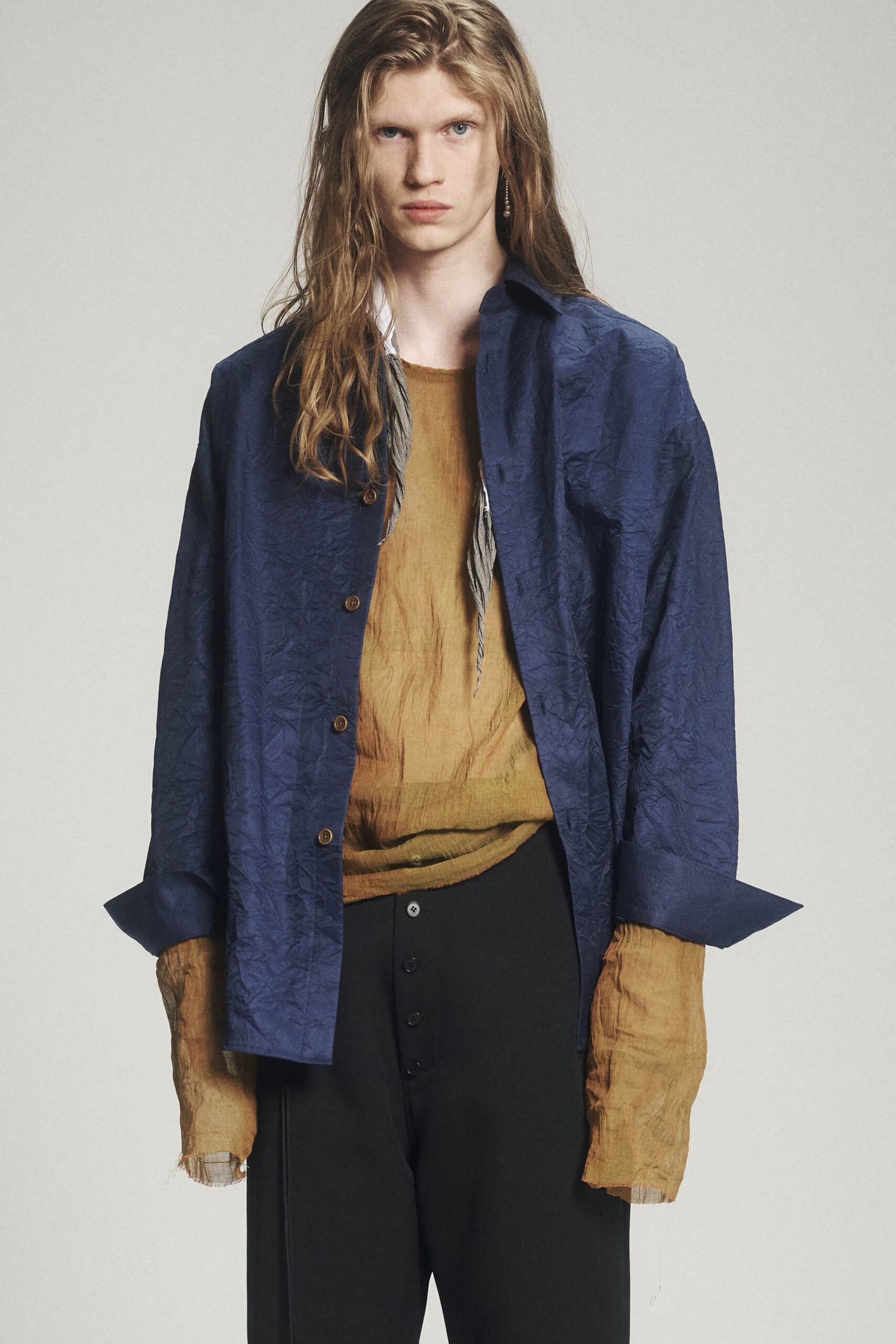blue cotton long-sleeve collared oversized buttoned textured shirt