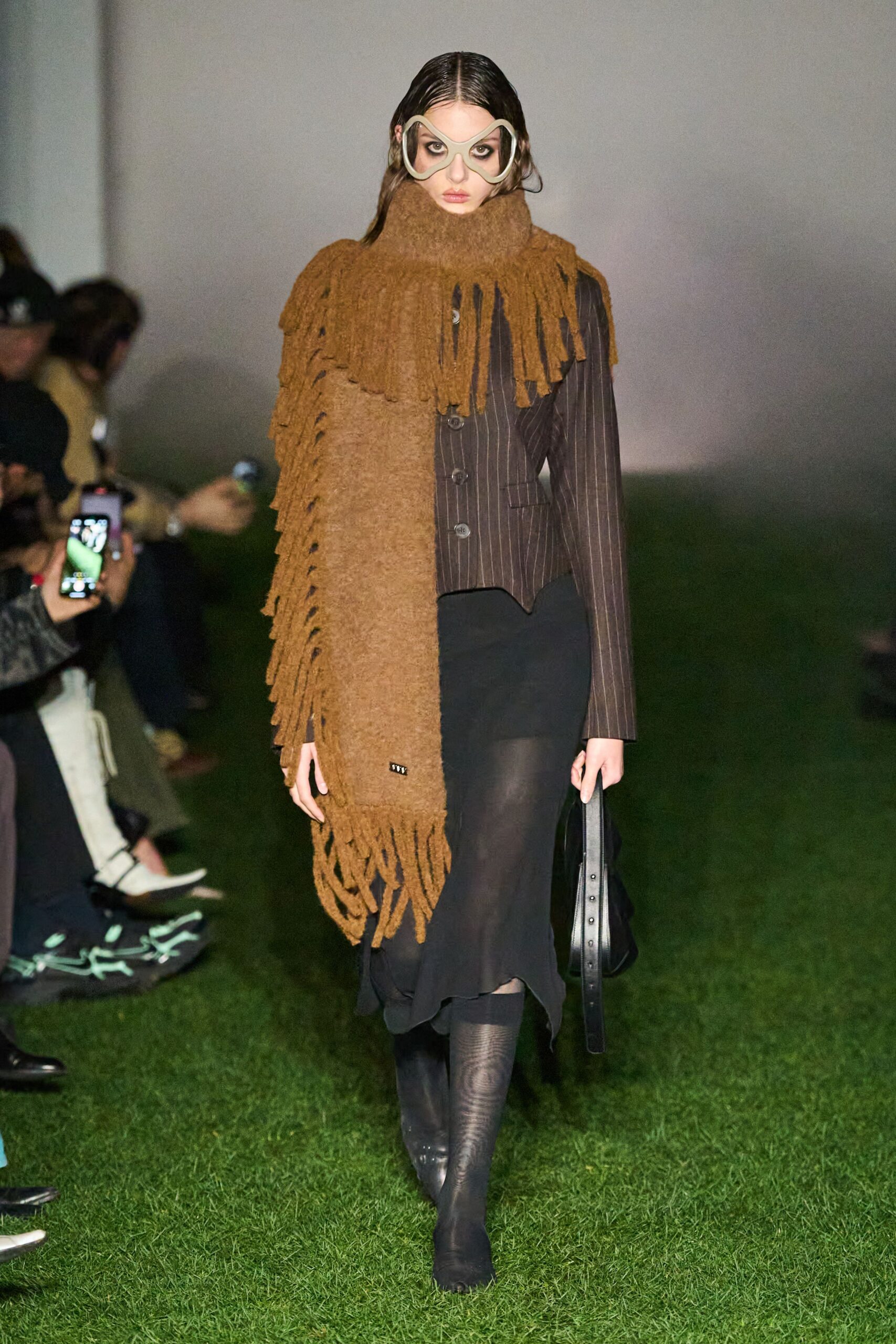 brown striped blazer with black skirt