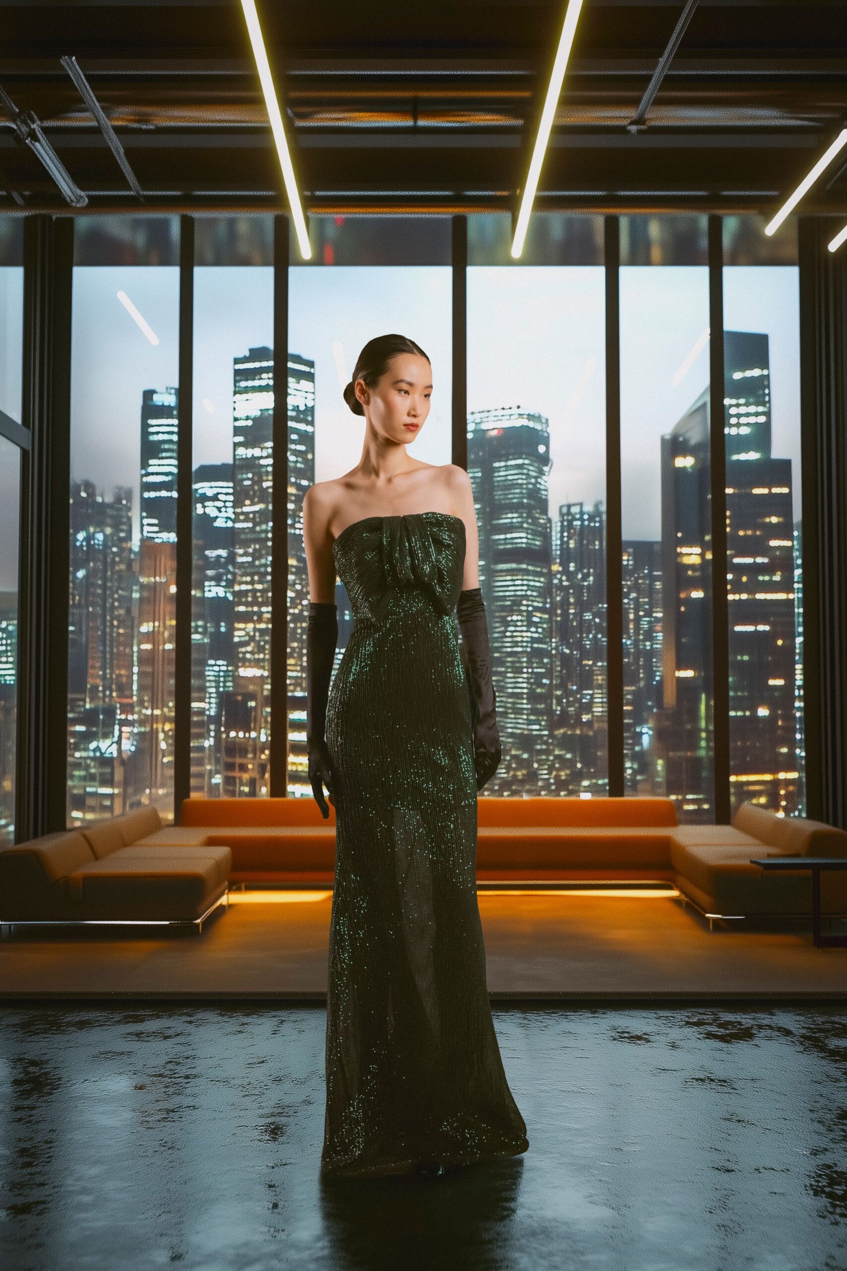green silk strapless fitted sequined shiny maxi gown