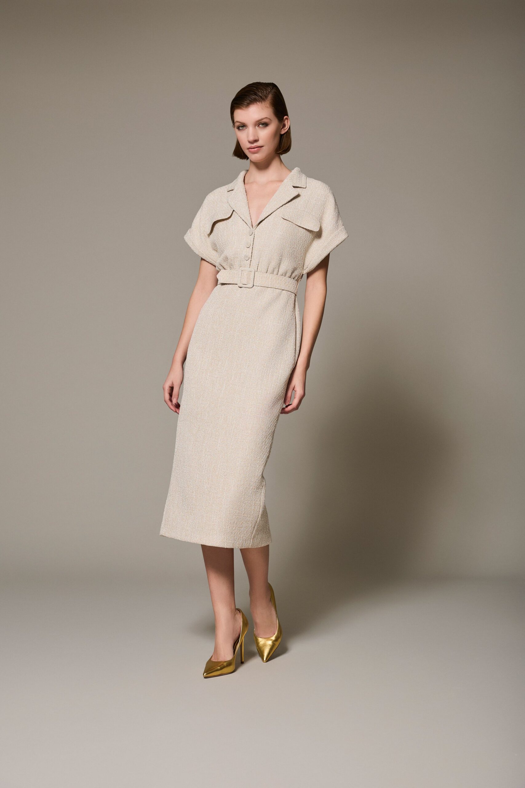 beige tweed short-sleeve collared fitted belted buttoned dress