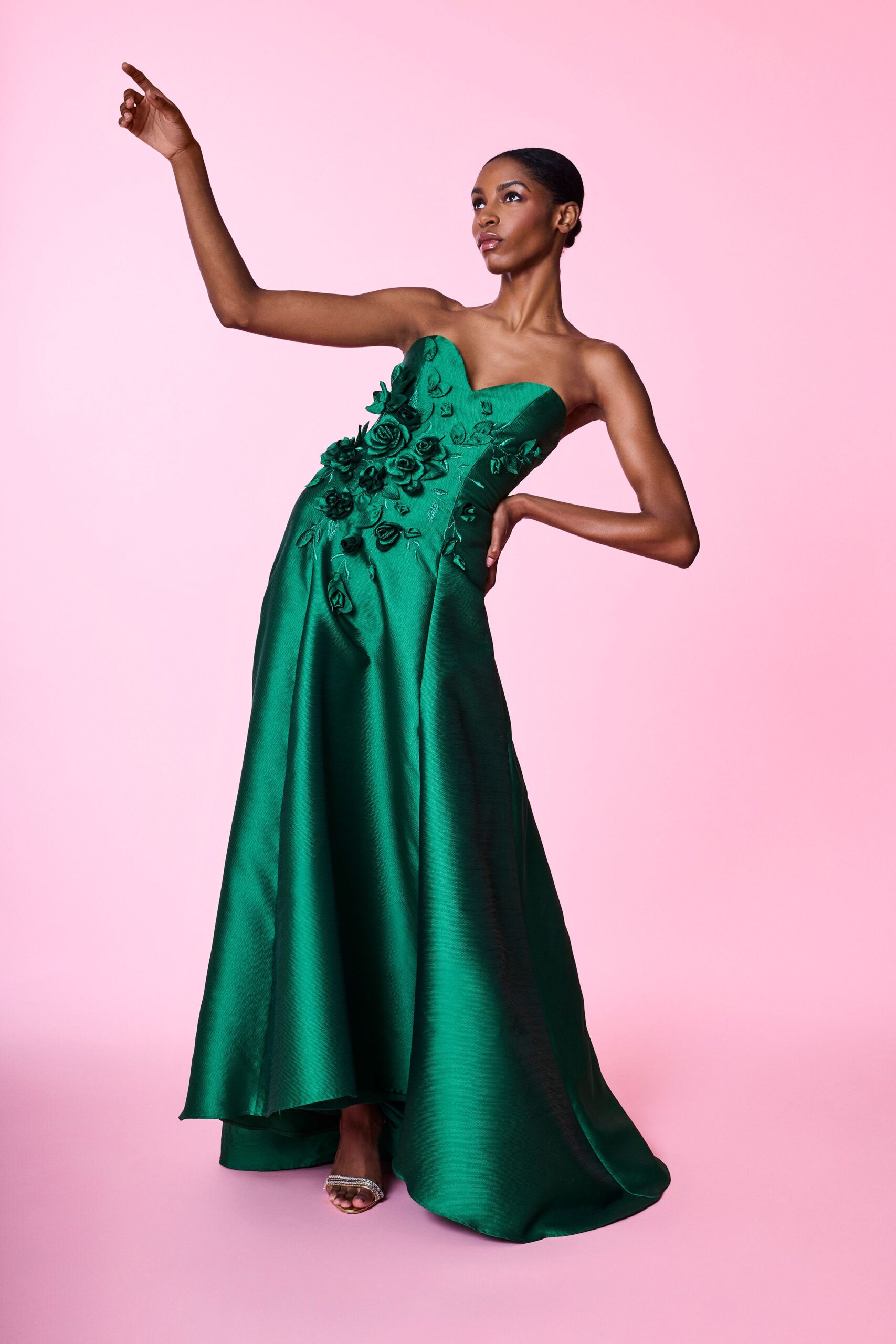green silk strapless fitted embroidered shiny maxi gown