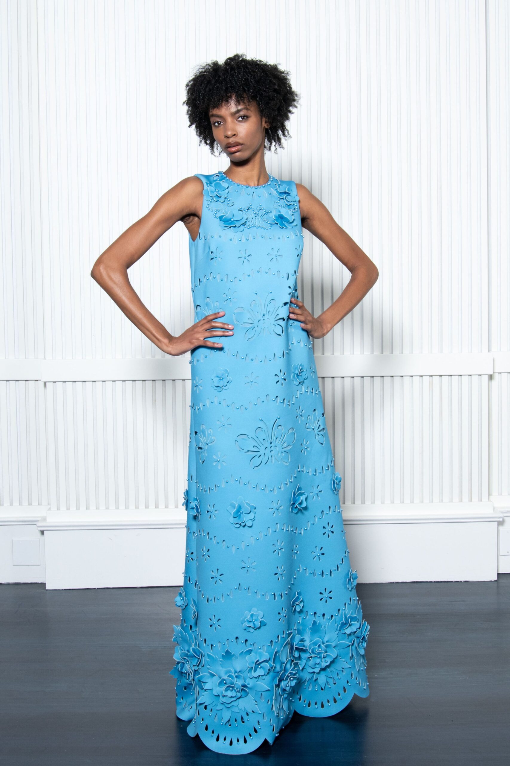 blue embroidered sleeveless gown