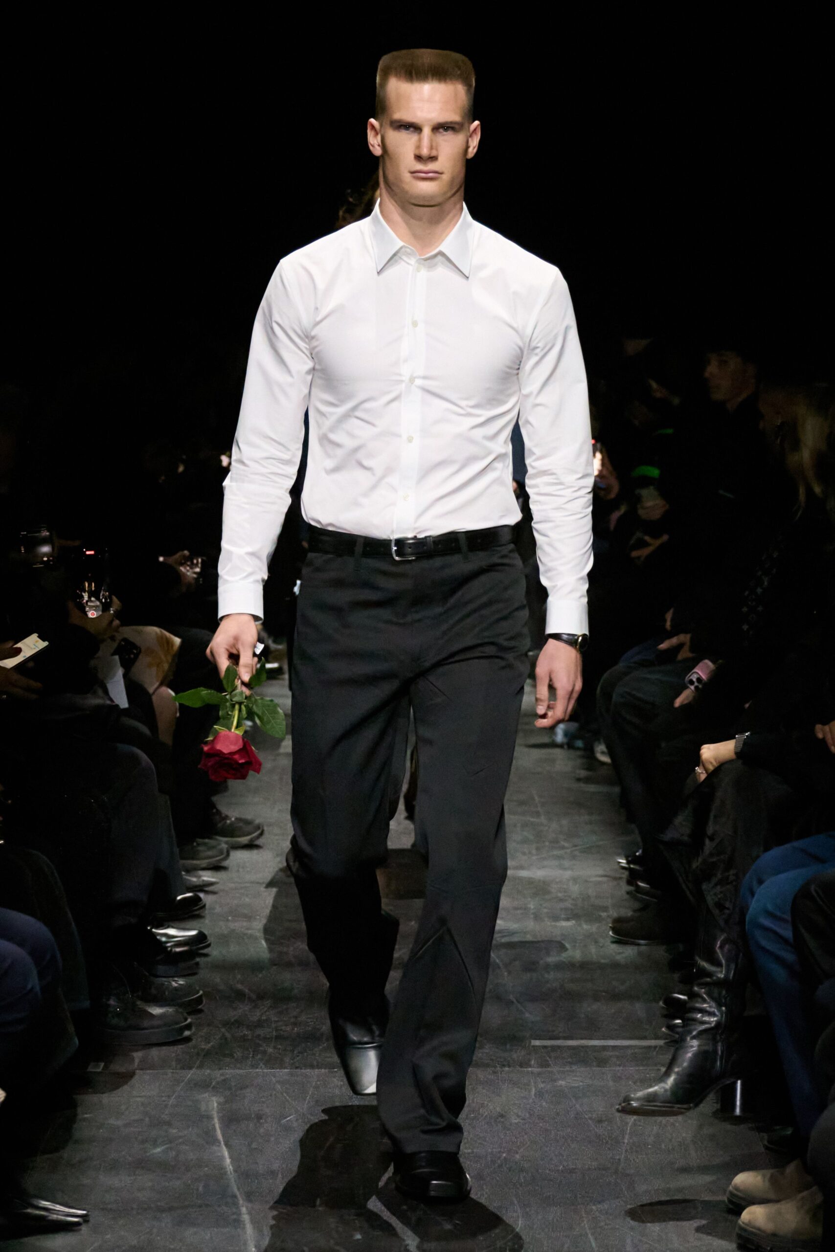 white fitted shirt black pants