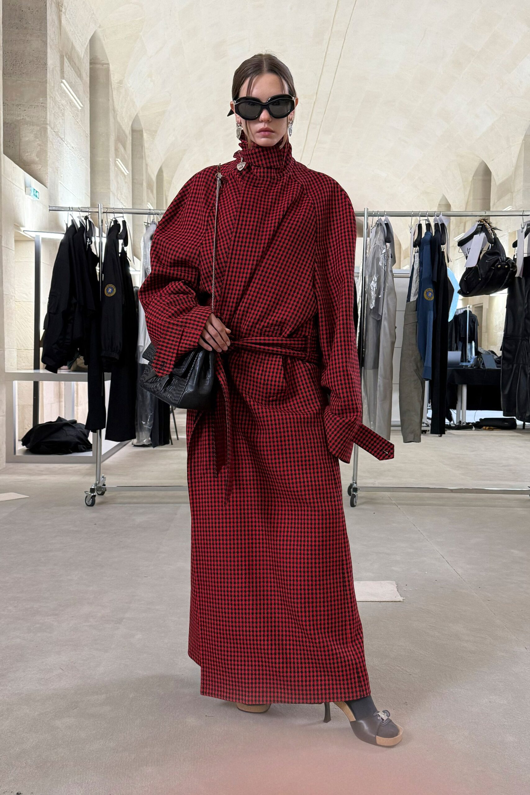 red cotton long-sleeve high-neck relaxed checked belted dress