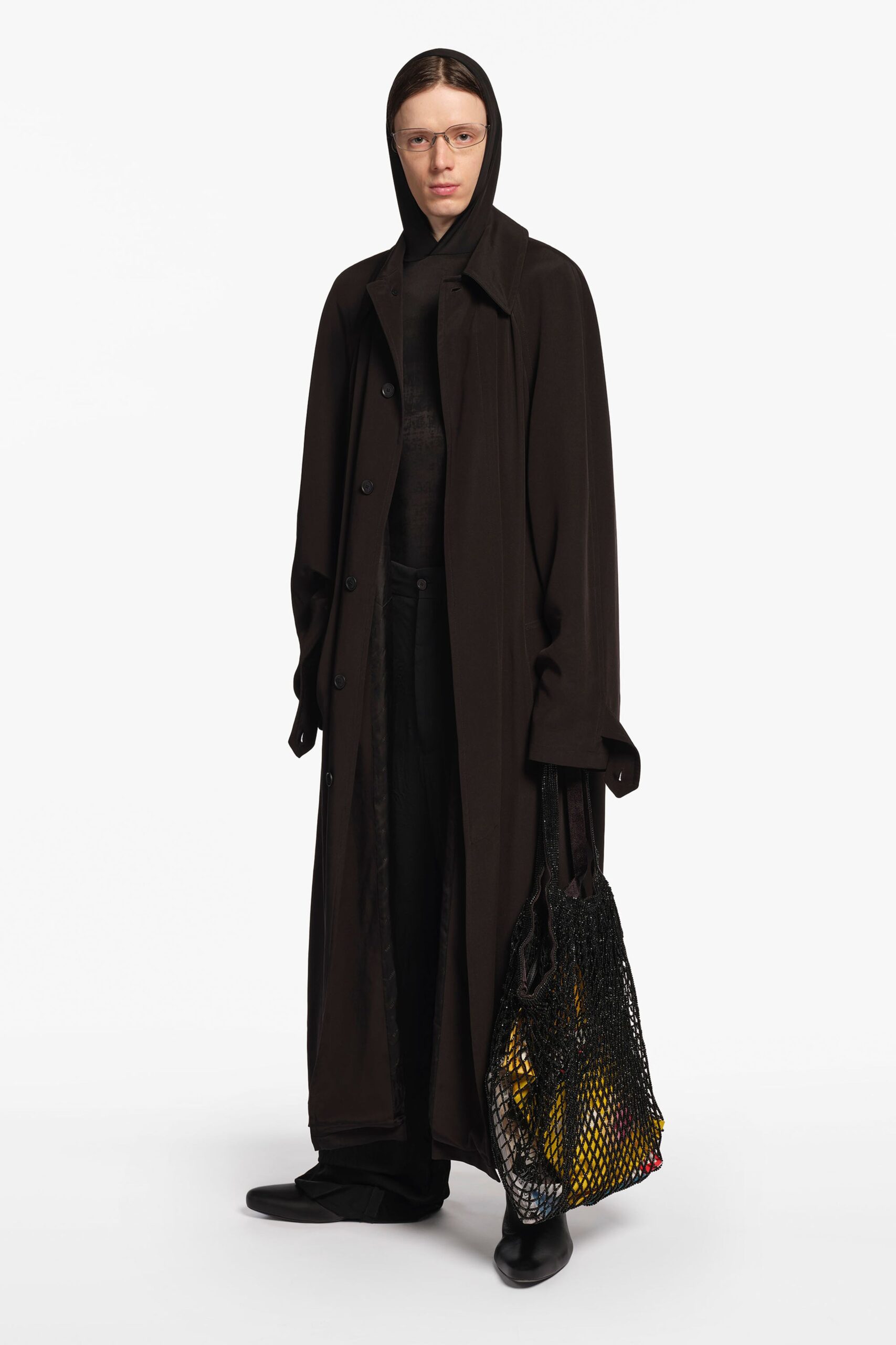 black wool long-sleeve collared oversized buttoned straight-leg coat