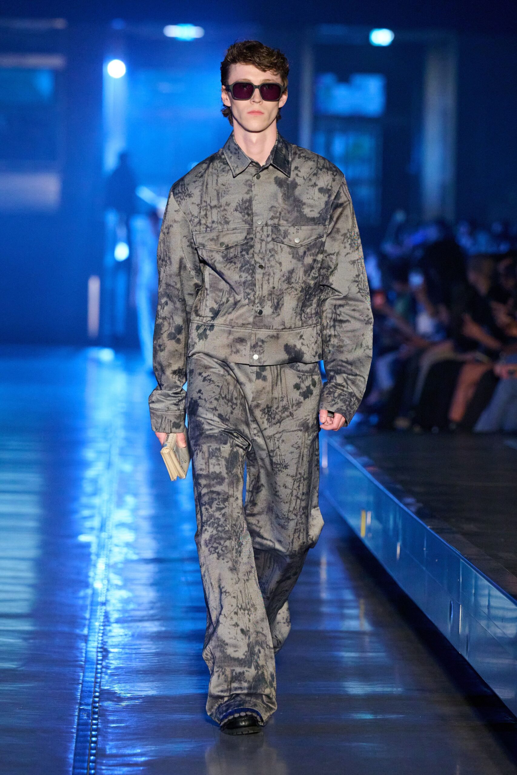printed gray jacket and pants