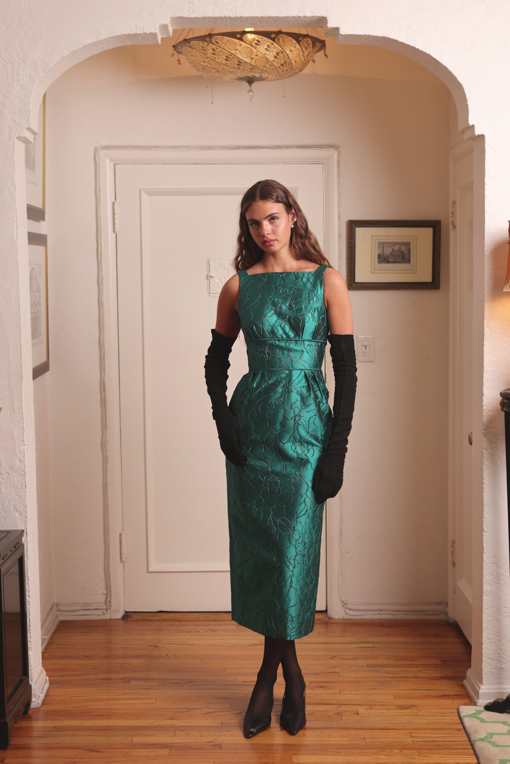 teal silk sleeveless square-neck fitted embroidered midi gown