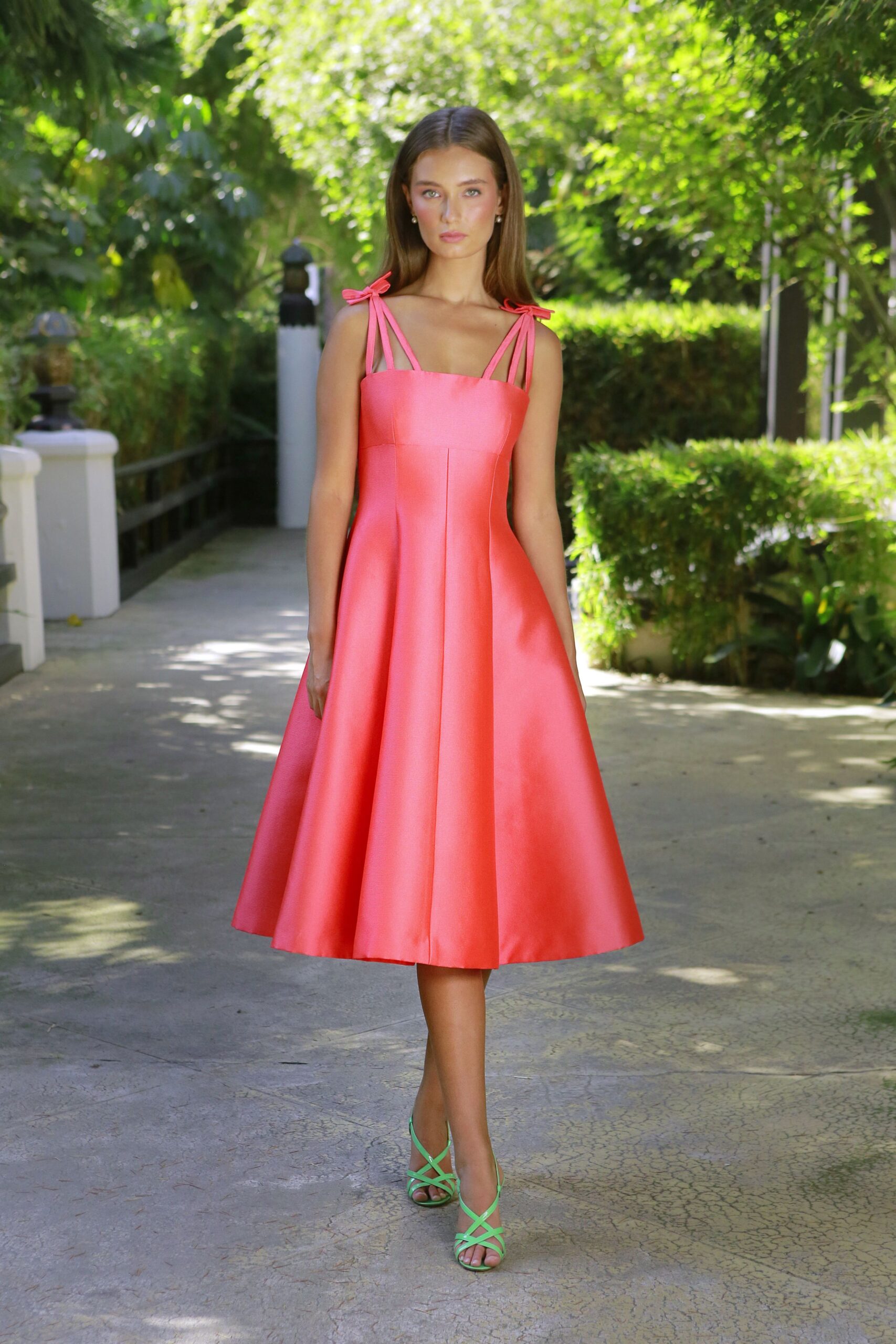 pink silk sleeveless square-neck fitted a-line midi dress