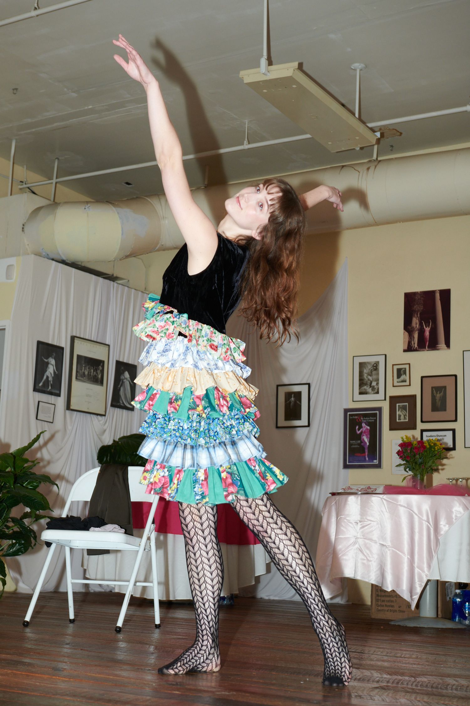 black velvet top with multi-tiered skirt