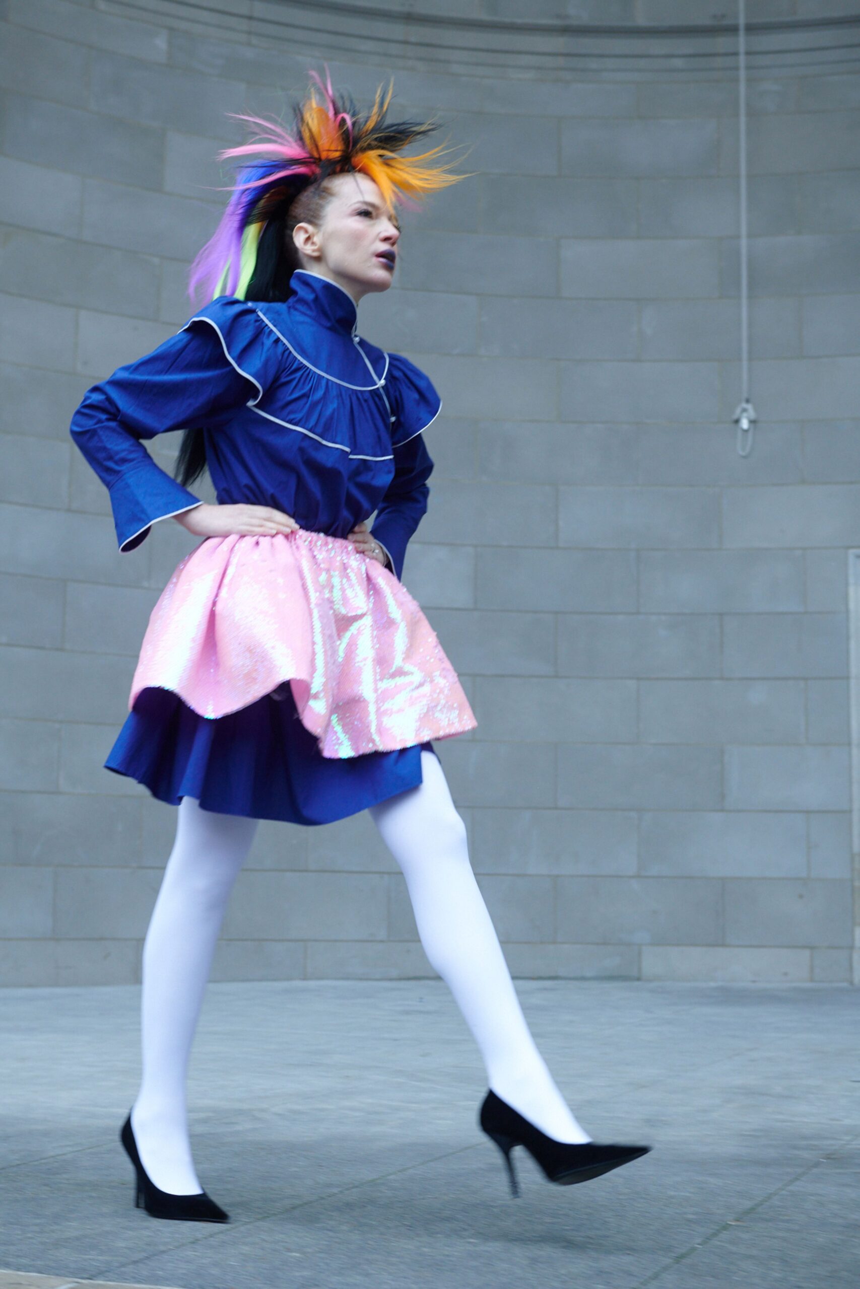 blue silk long-sleeve collared fitted pleated layered dress