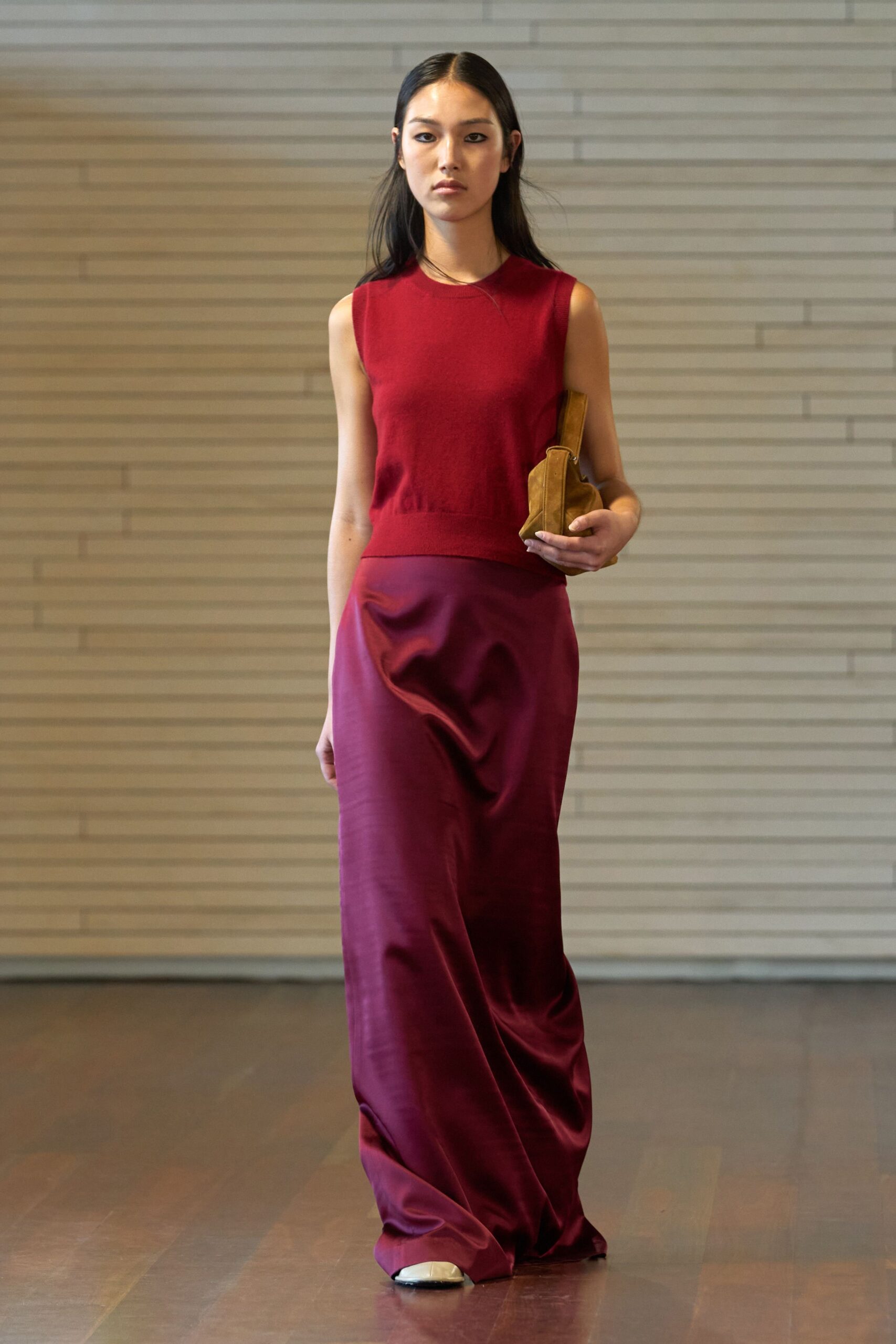 red silk top purple maxi skirt