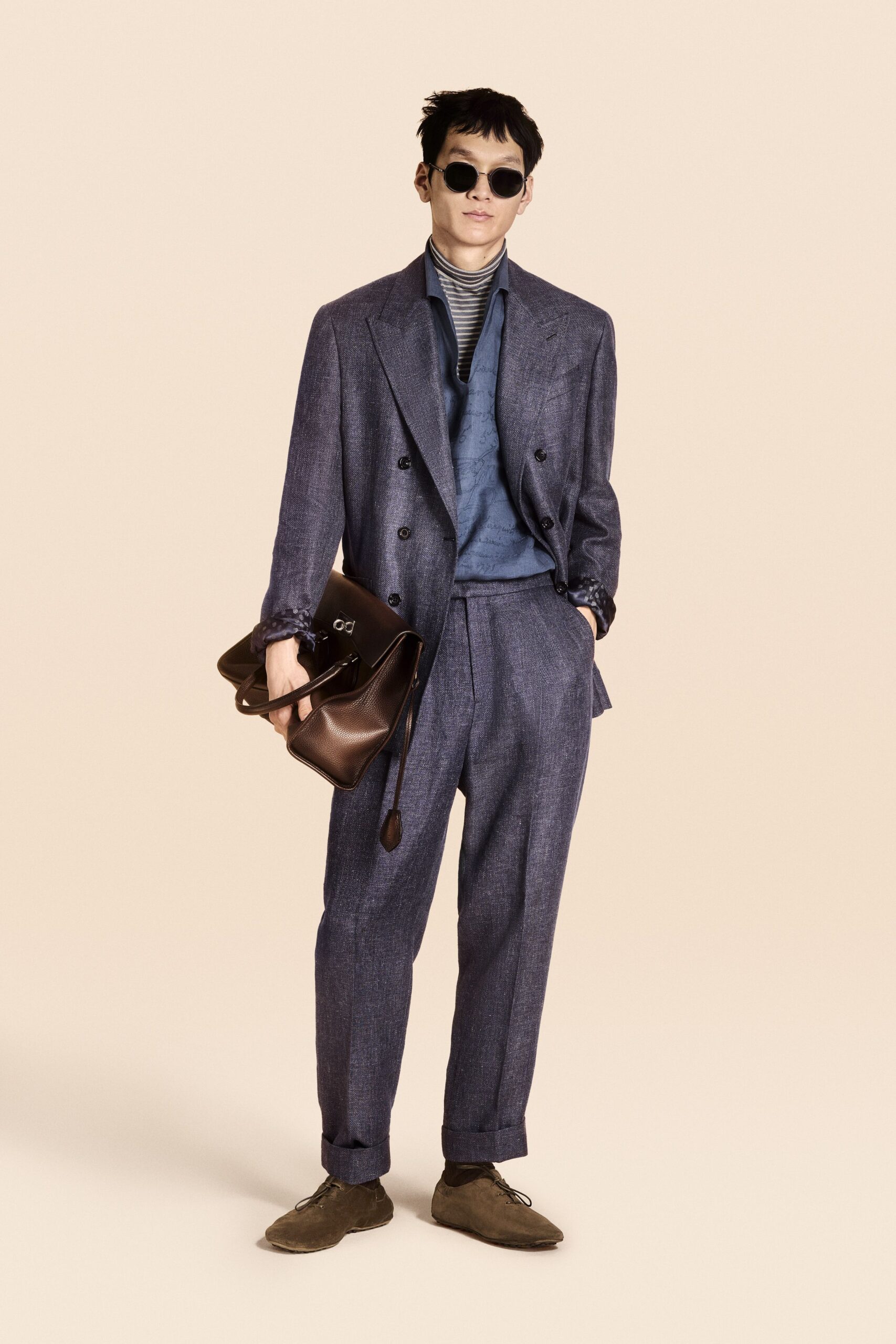 blue wool long-sleeve double-breasted oversized buttoned textured blazer