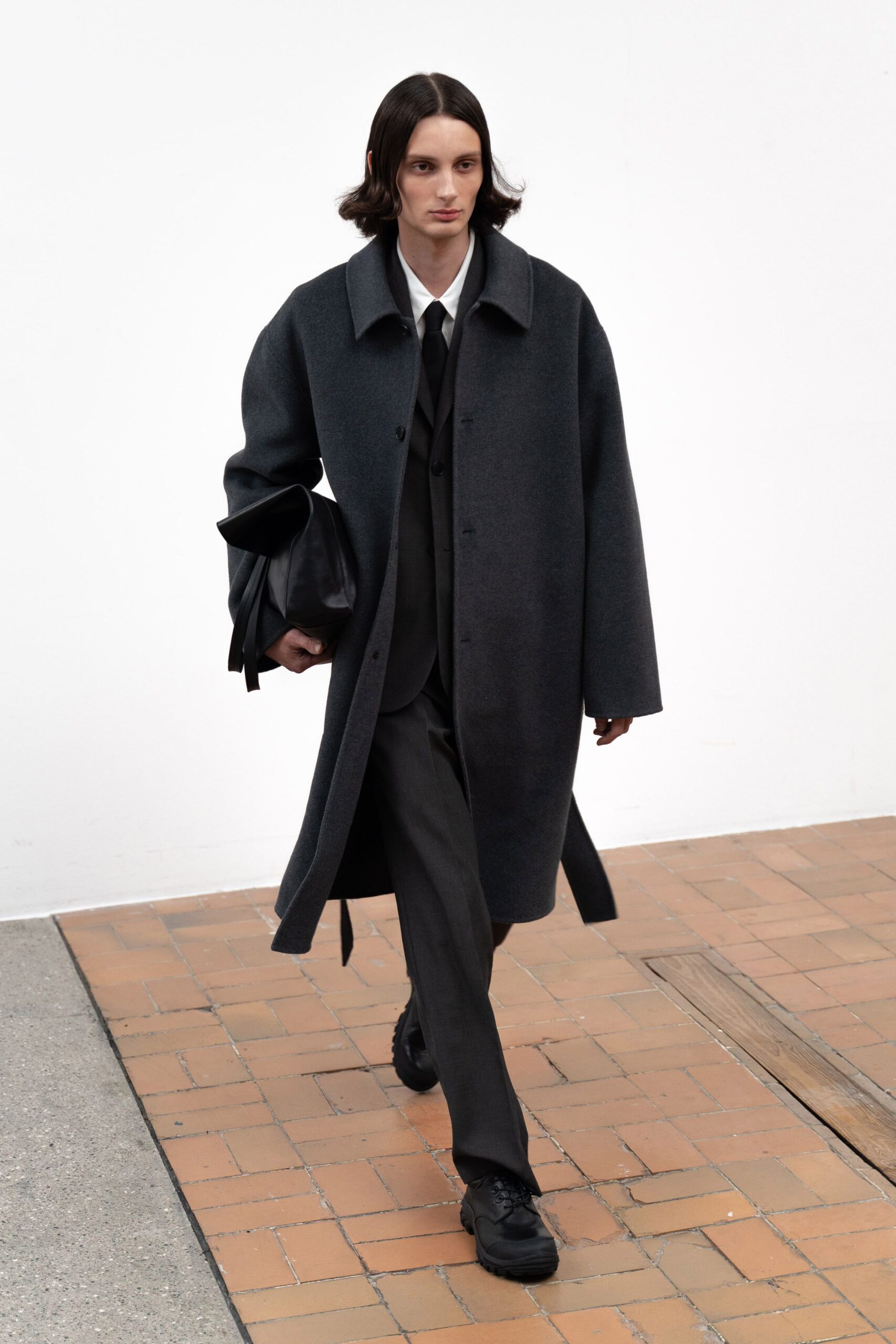 gray wool oversized coat with black suit