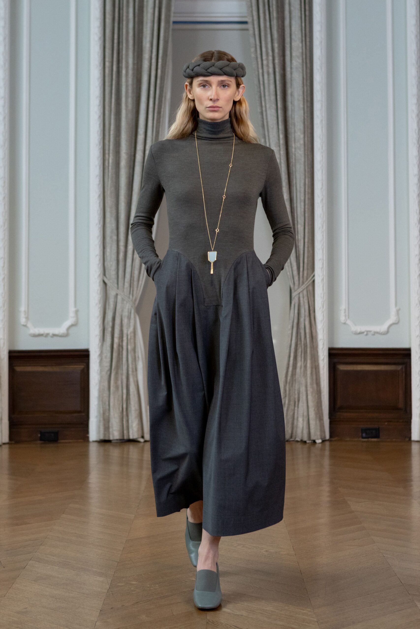 gray fitted top and midi skirt