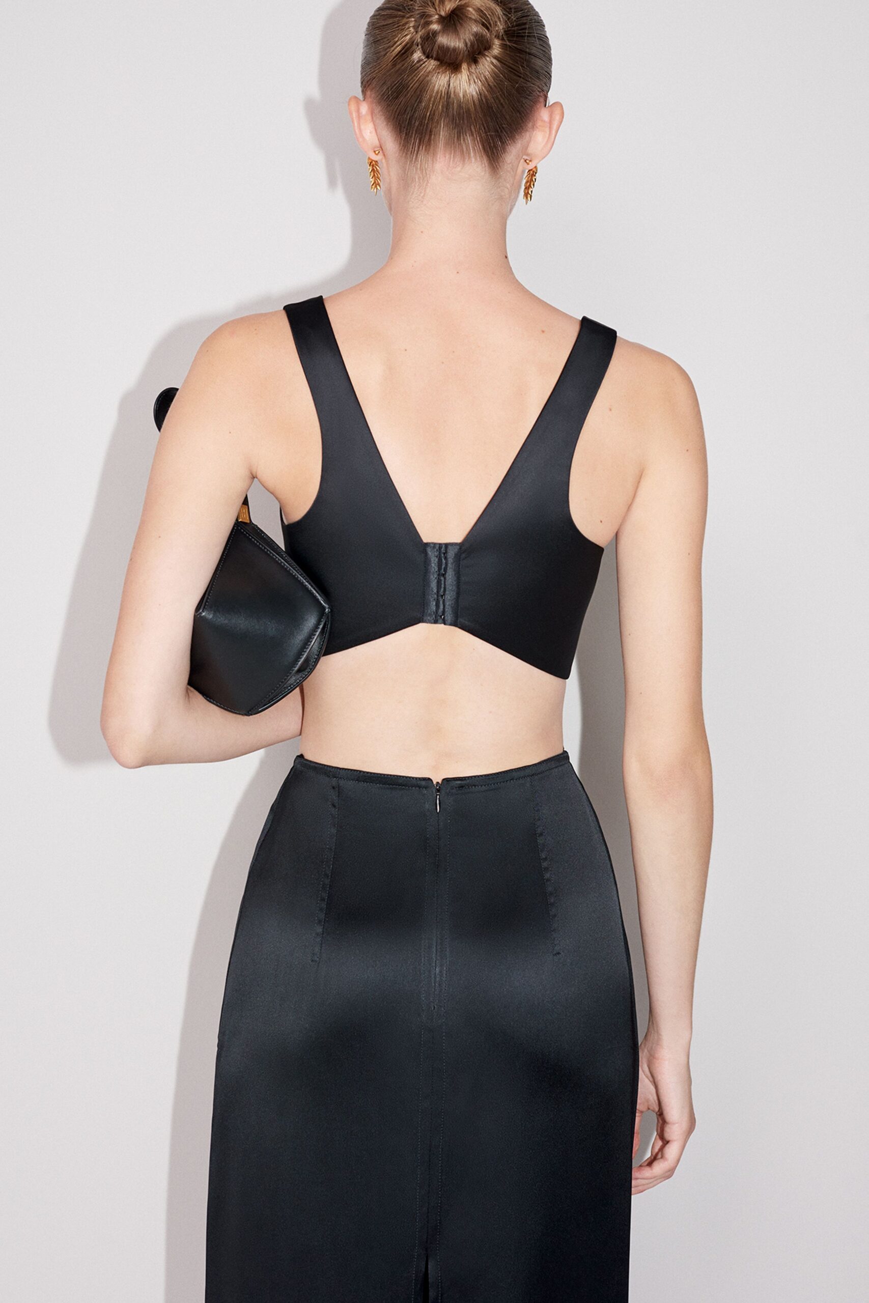 black silk top and skirt