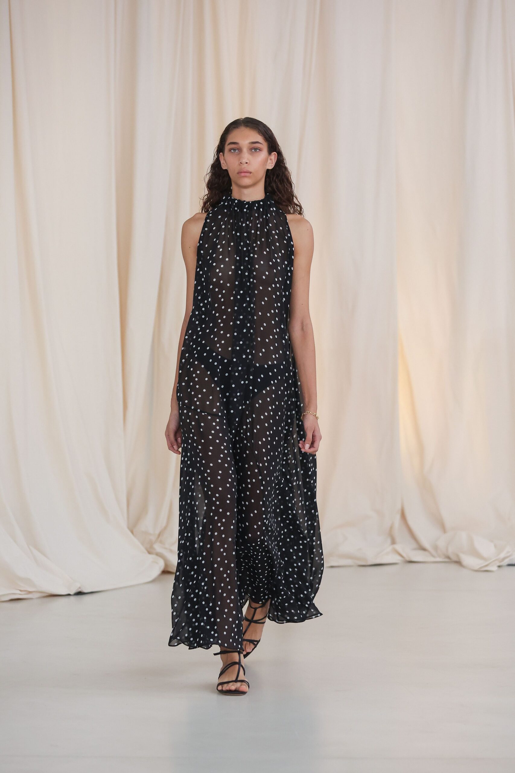 black chiffon sleeveless high-neck relaxed printed draped gown