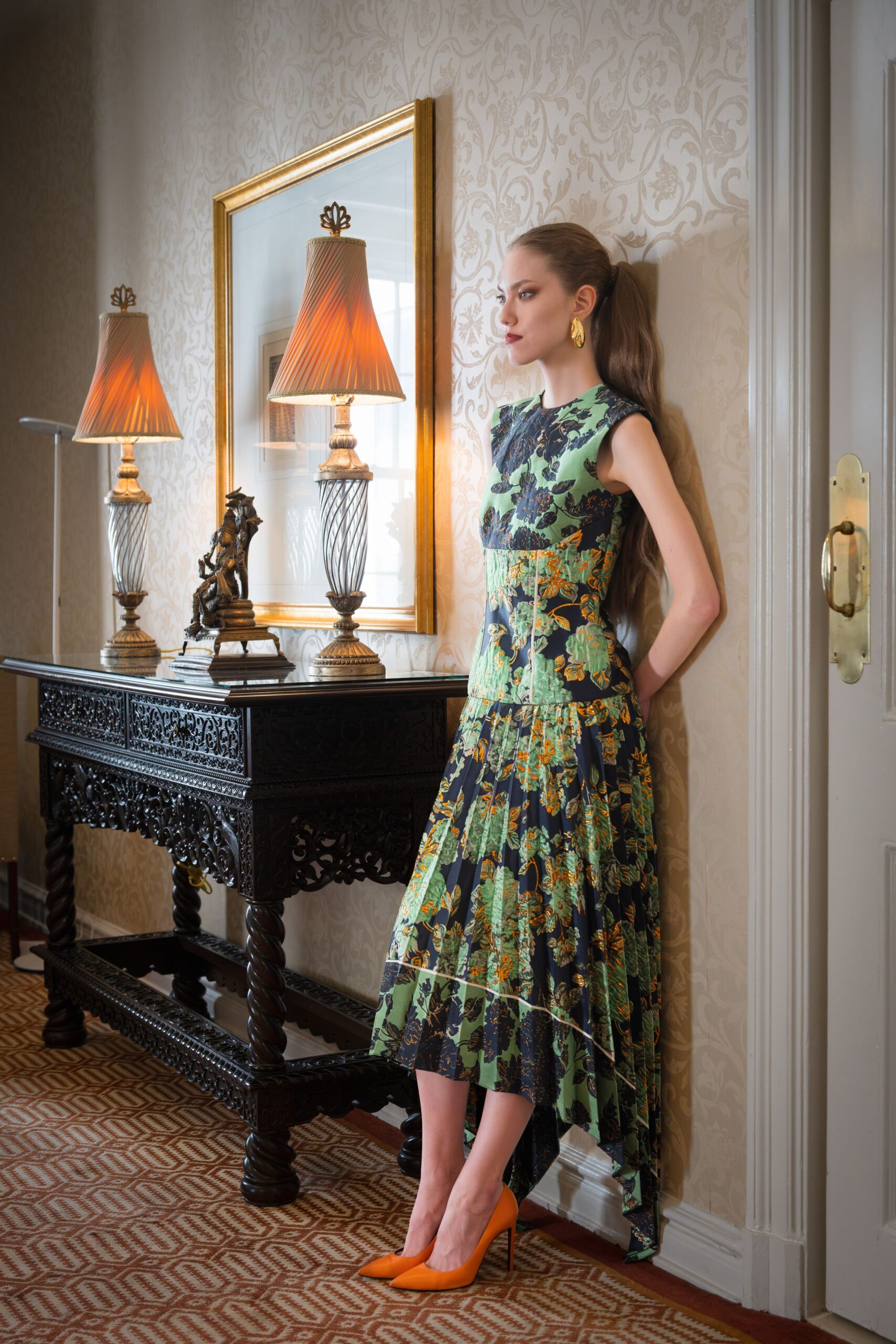 green silk sleeveless high-neck fitted printed pleated dress