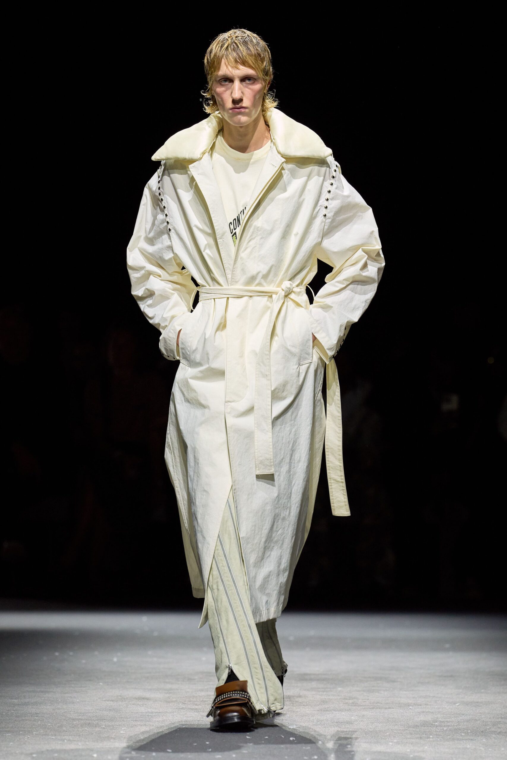 white cotton long-sleeve collared relaxed belted maxi coat